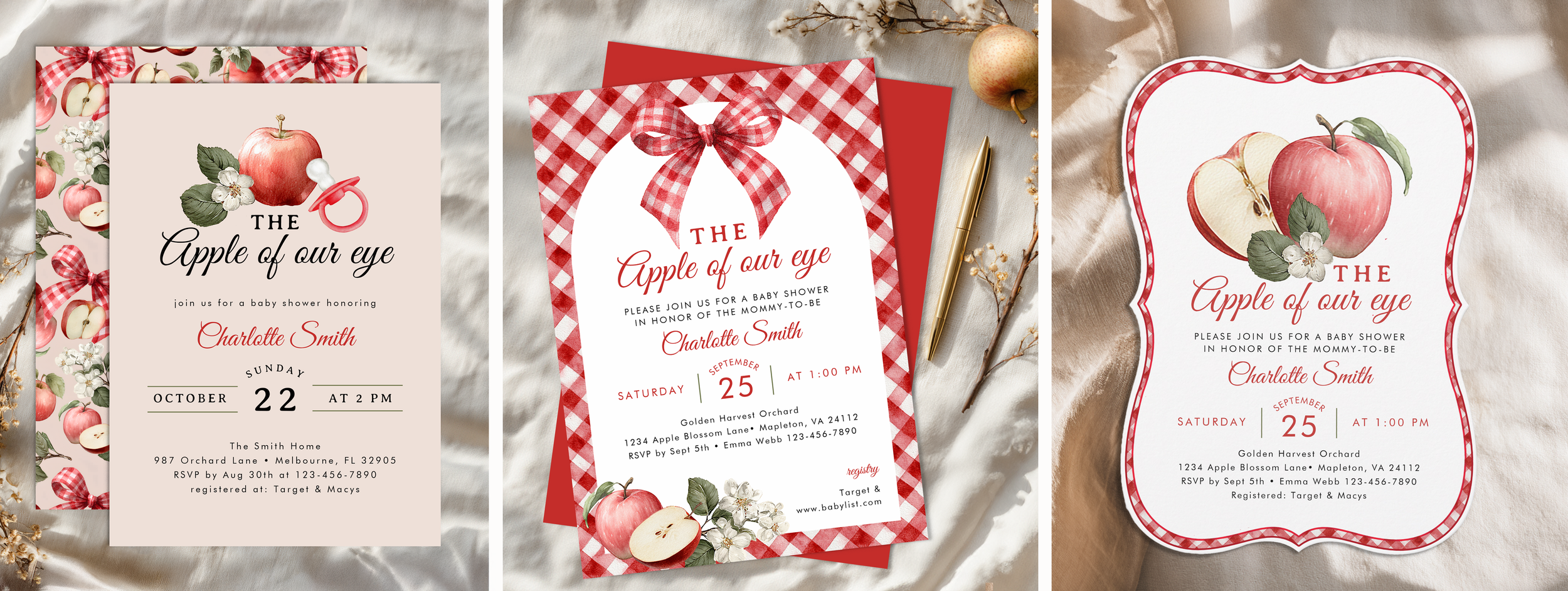 Three Apple of Our Eye baby shower invitation designs featuring watercolor apples, red gingham bows, orchard florals, and customizable shower details.