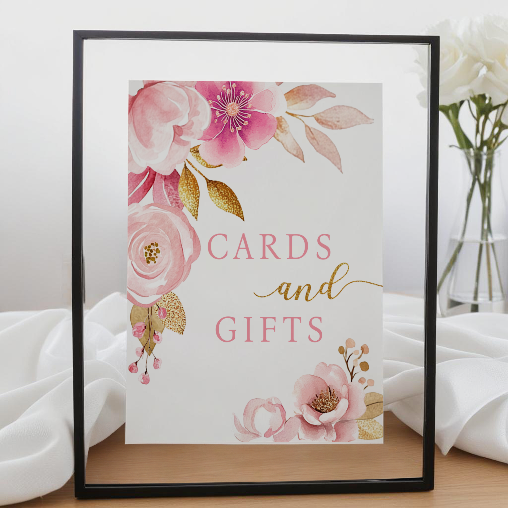 Blush pink floral baby shower cards and gifts sign with watercolor flowers
