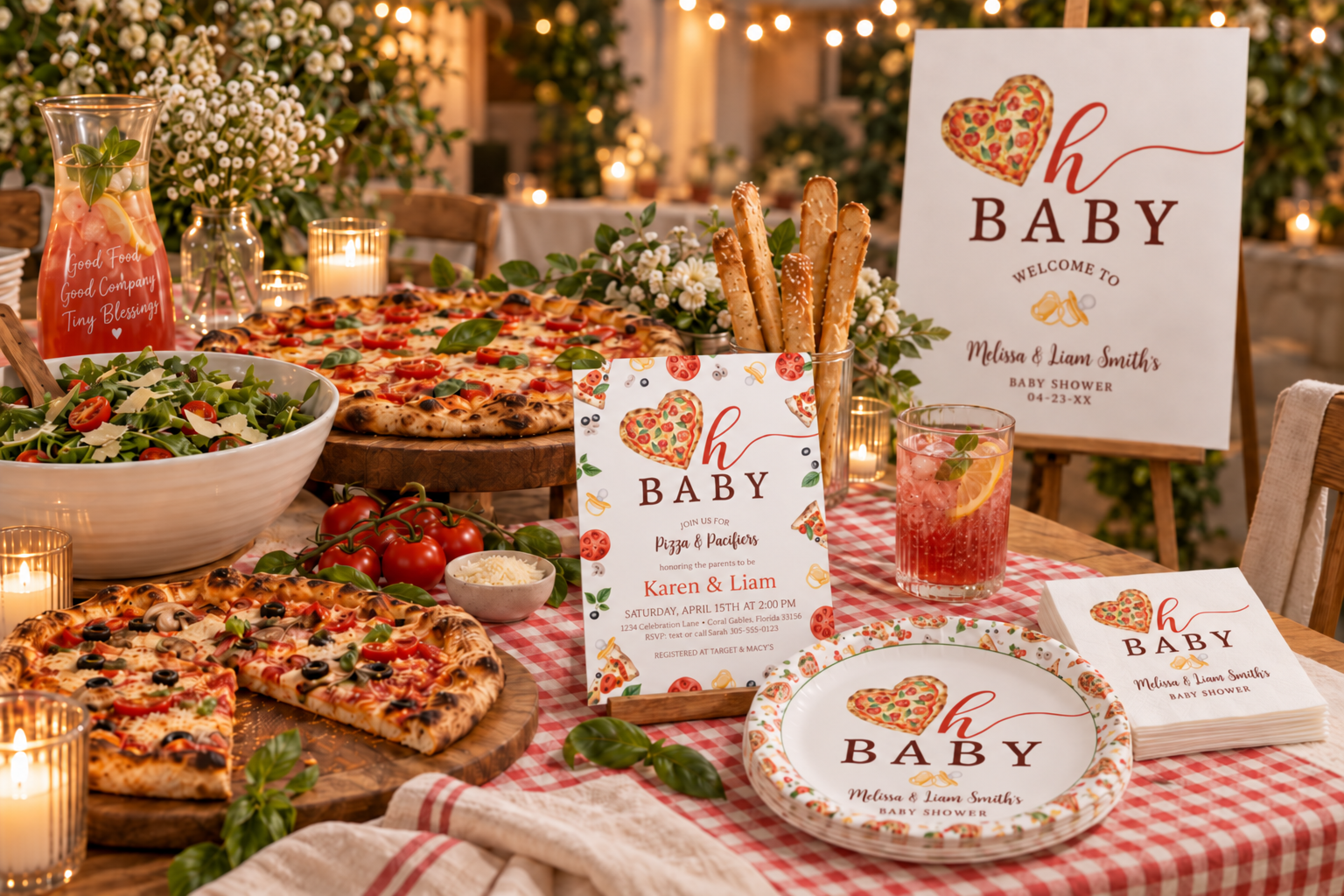 Pizza-themed evening baby shower table with pizzas, salad, breadsticks, drinks, matching invitation, welcome sign, paper plates, and square napkins.