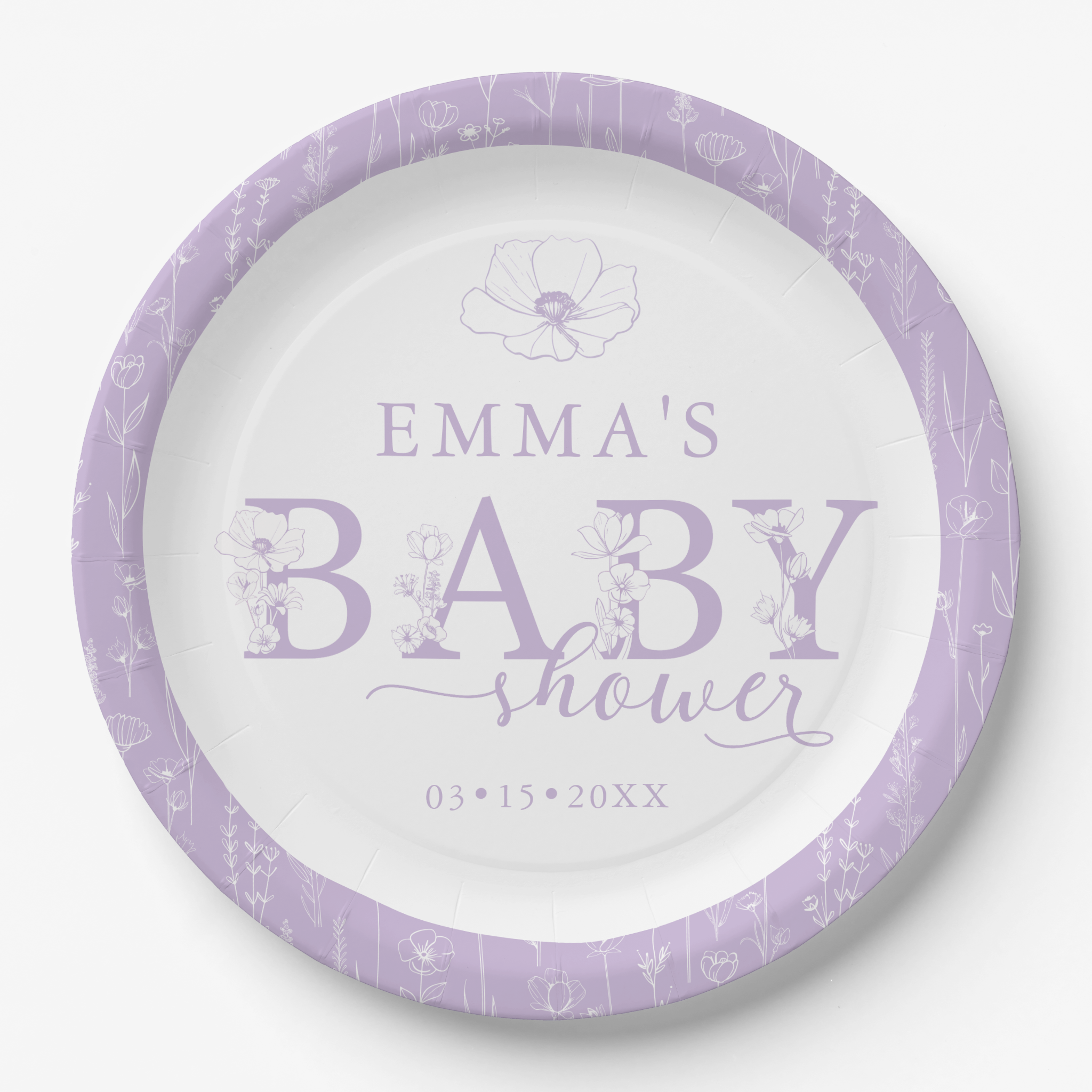 Lavender baby shower candle favor with wildflower label