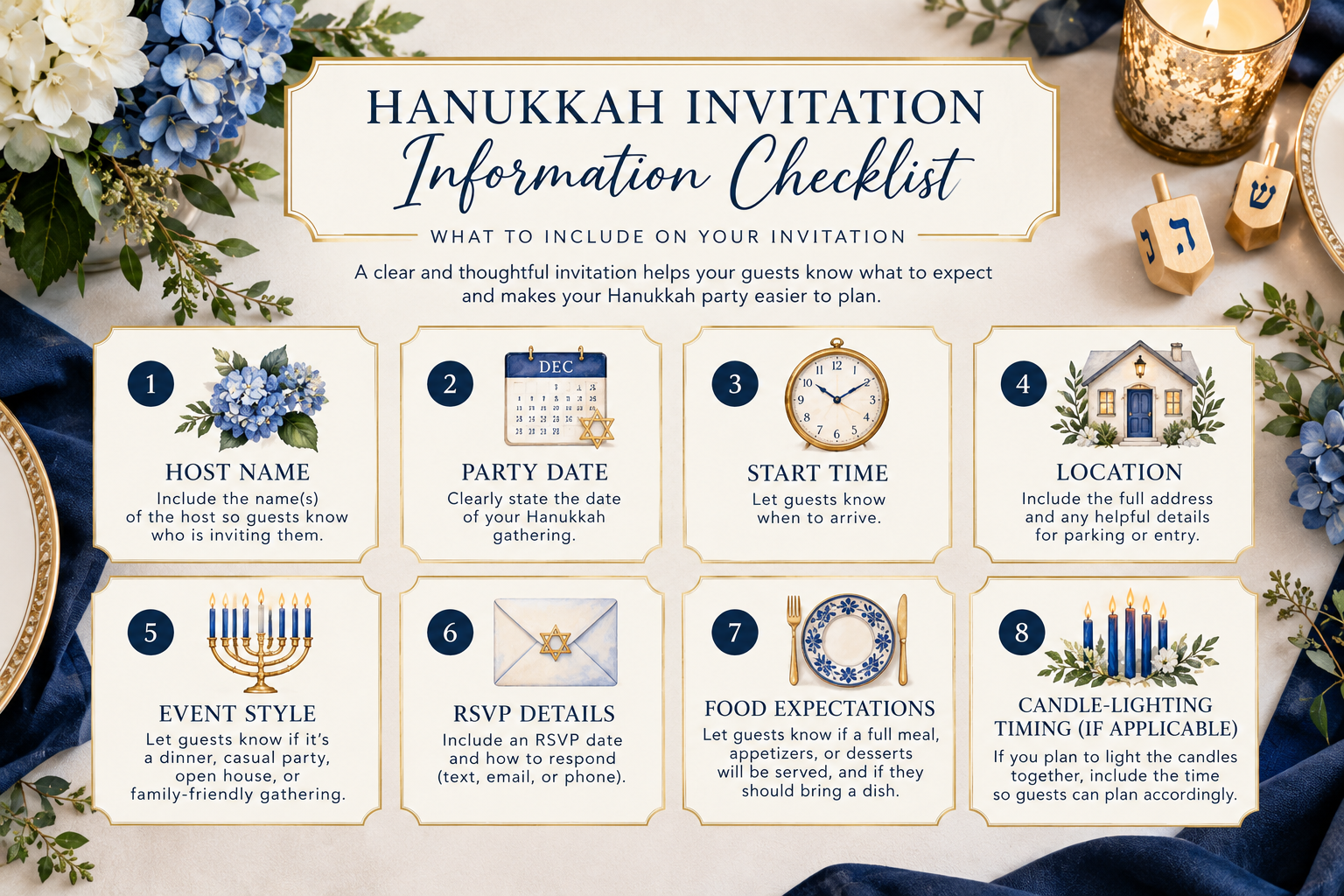 Hanukkah party invitation checklist showing eight essential details: host name, party date, arrival time, location, event style, RSVP information, food expectations, and candle-lighting timing.