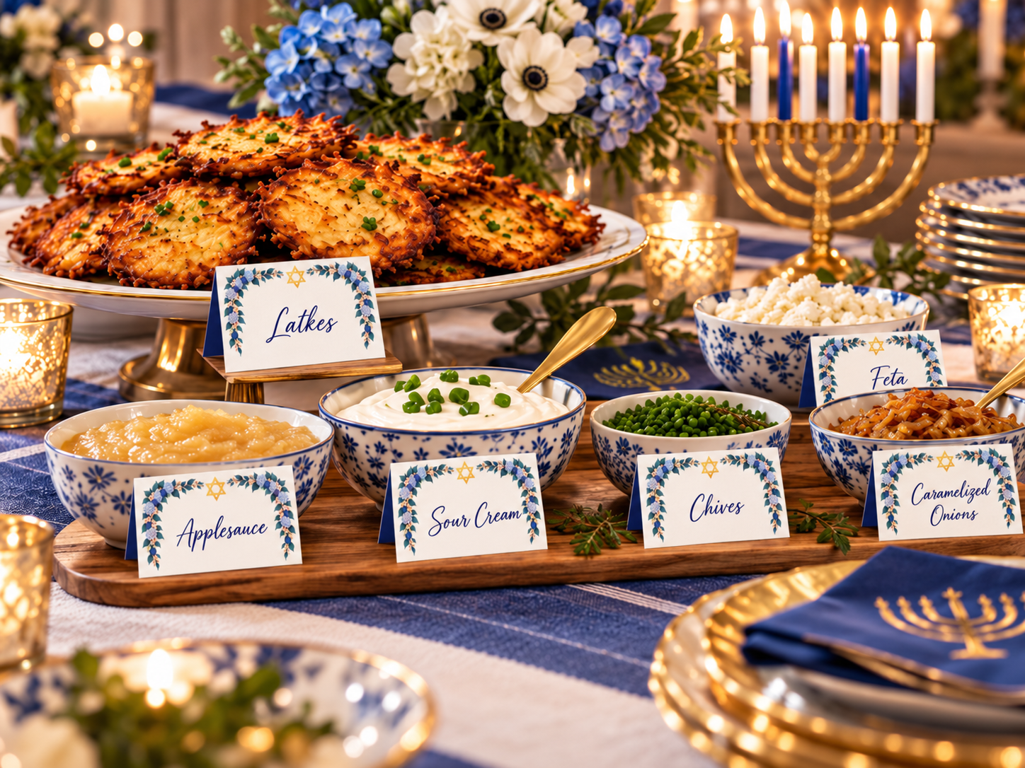 Elegant Hanukkah latke bar with crispy potato latkes, applesauce, sour cream, chives, caramelized onions, and blue floral food tent cards displayed on a festive buffet.
