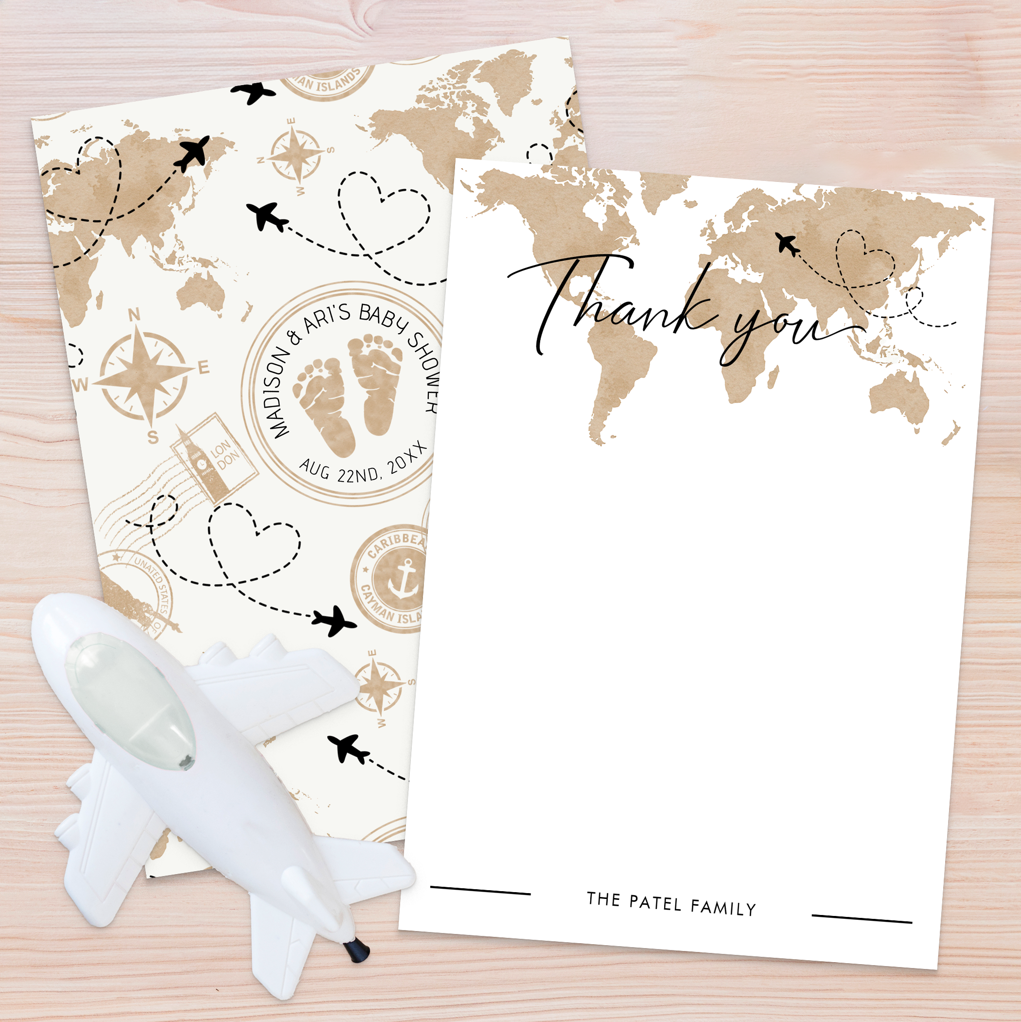 Travel baby shower thank you card with world map and airplane adventure theme design.