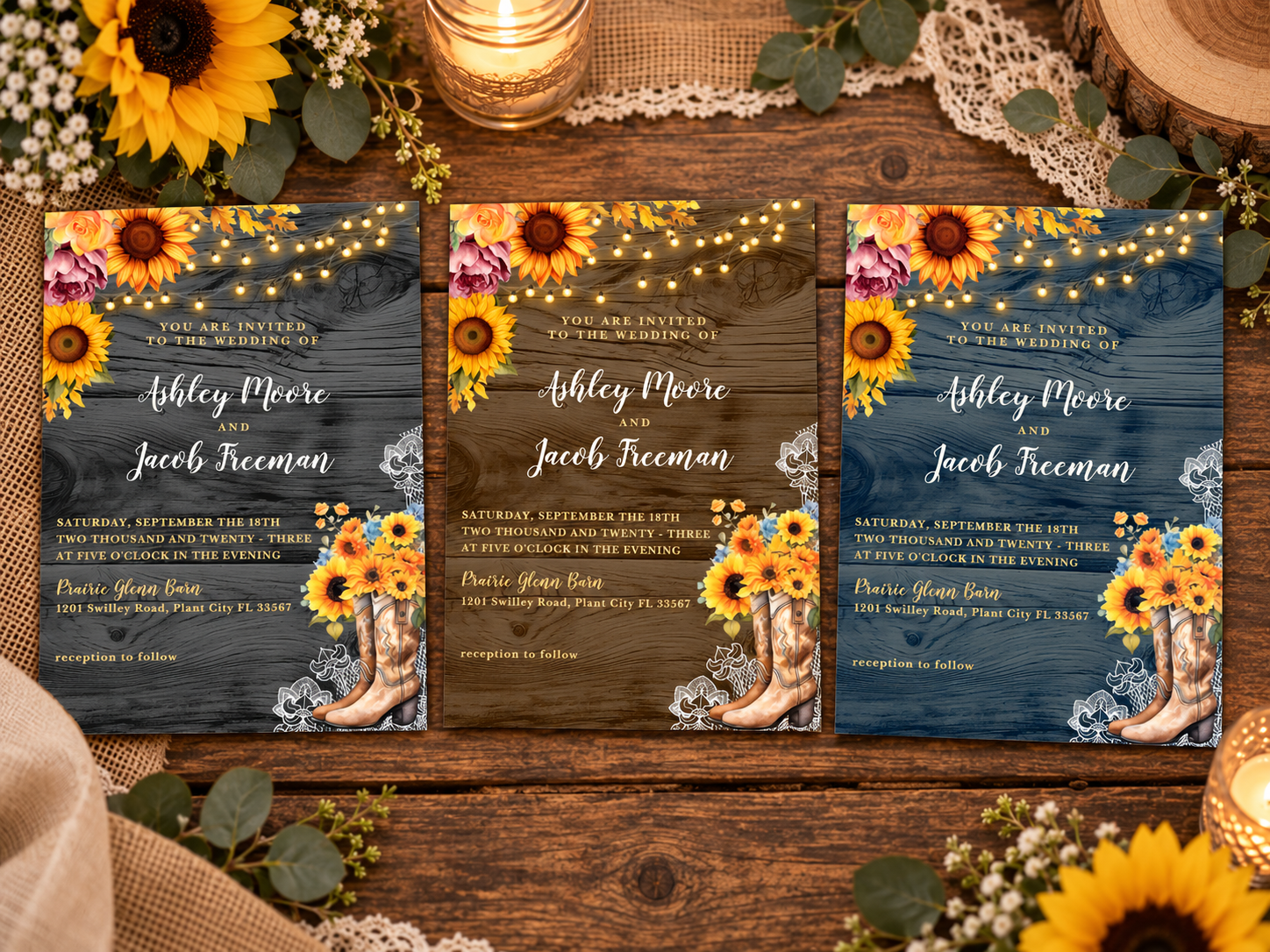 Three rustic sunflower wedding invitations displayed together, each featuring string lights, sunflower florals, and a cowboy boot arrangement, shown in three different wood-tone colorways: charcoal, warm brown, and deep navy.