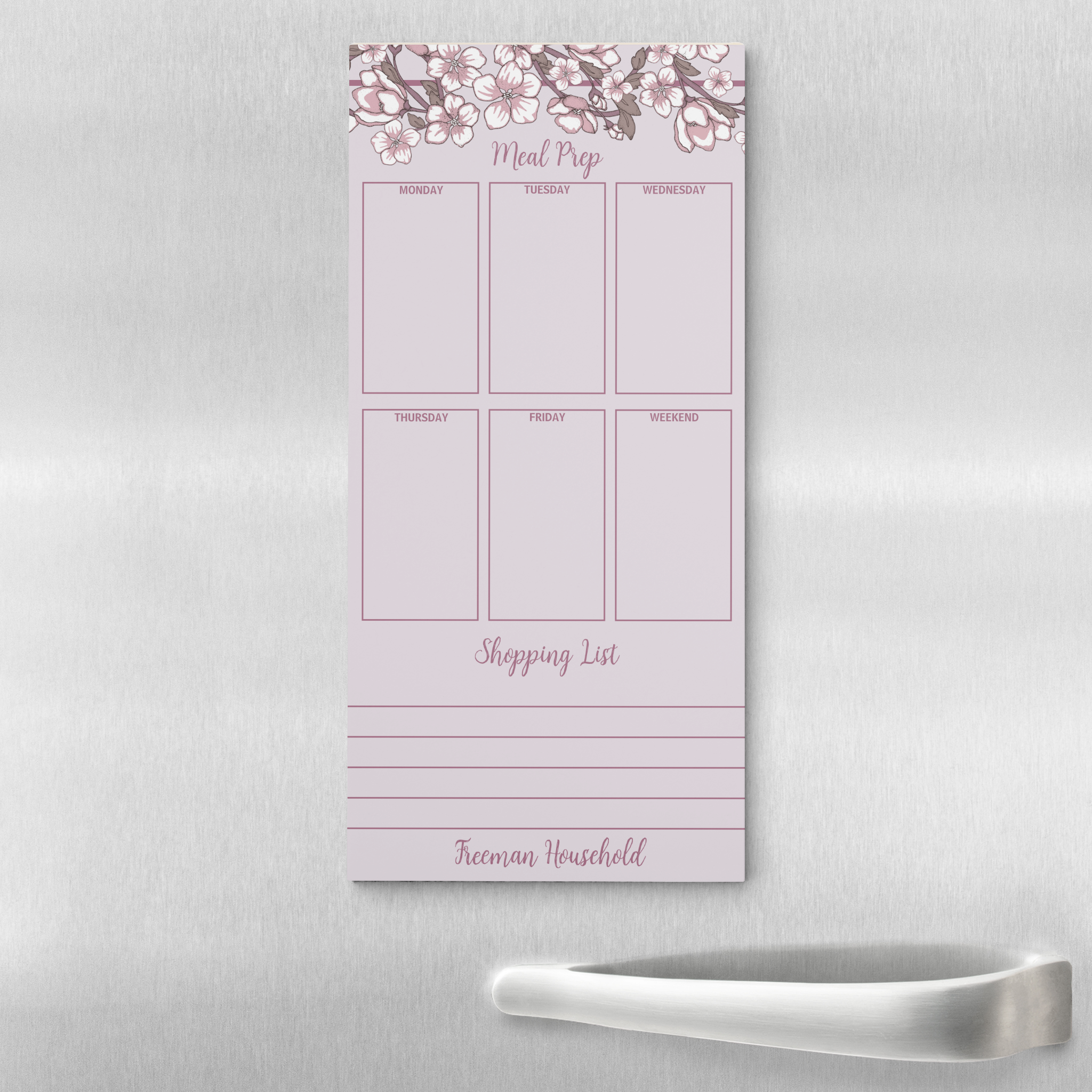 Floral themed weekly meal planner with soft pastel colors and matching grocery list section.