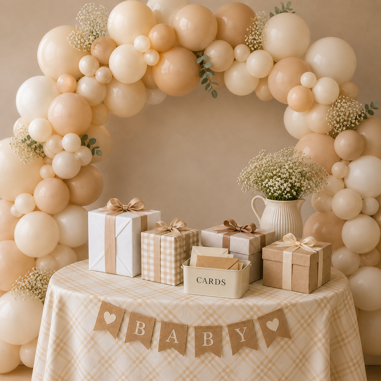 Baby shower gift table with beige gingham tablecloth, wrapped gifts, card box, neutral balloon arch in cream and tan, and soft floral accents in warm modern décor.