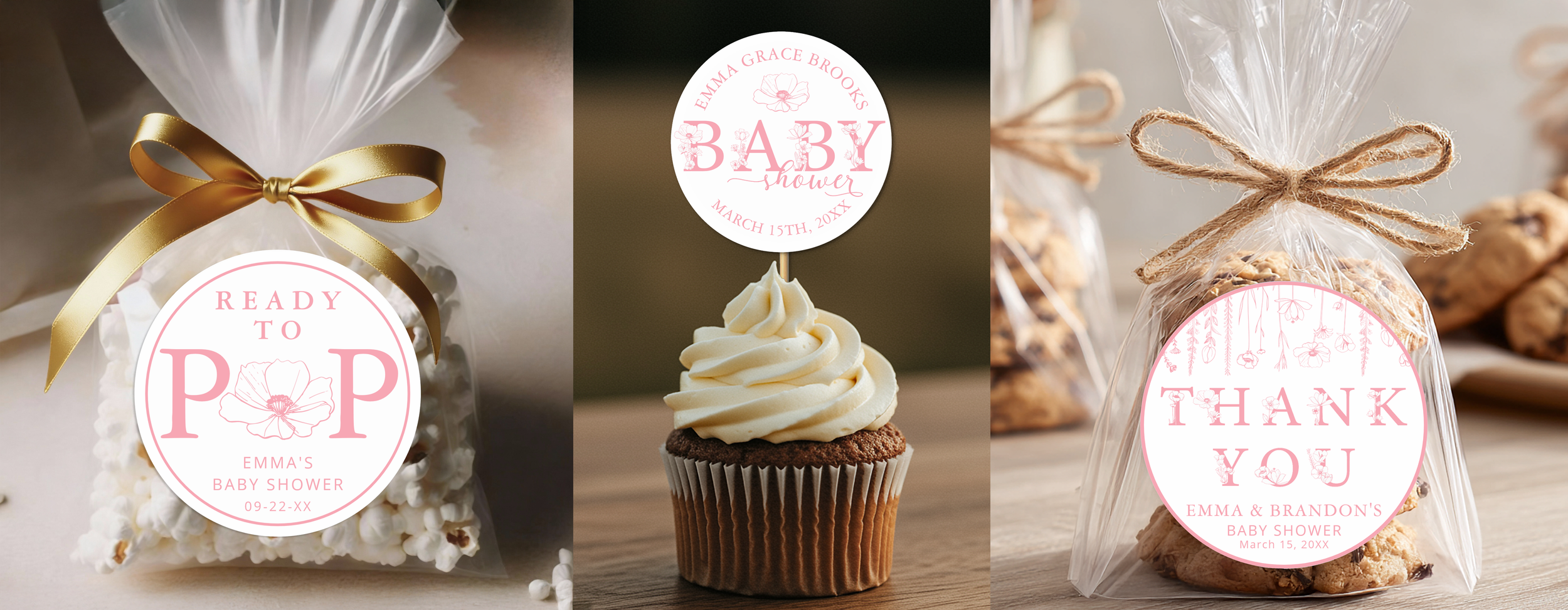 Dusty pink wildflower baby shower favor stickers on popcorn bag, cupcake topper, and cookie favor bag.