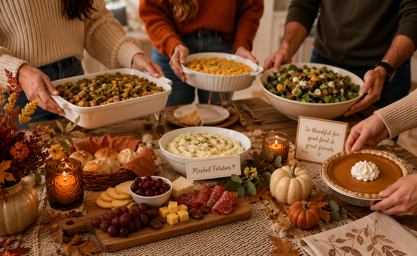Cozy Friendsgiving potluck table with guests placing homemade dishes around a warmly lit autumn tablescape featuring candles, pumpkins, charcuterie, pumpkin pie, and festive fall décor.