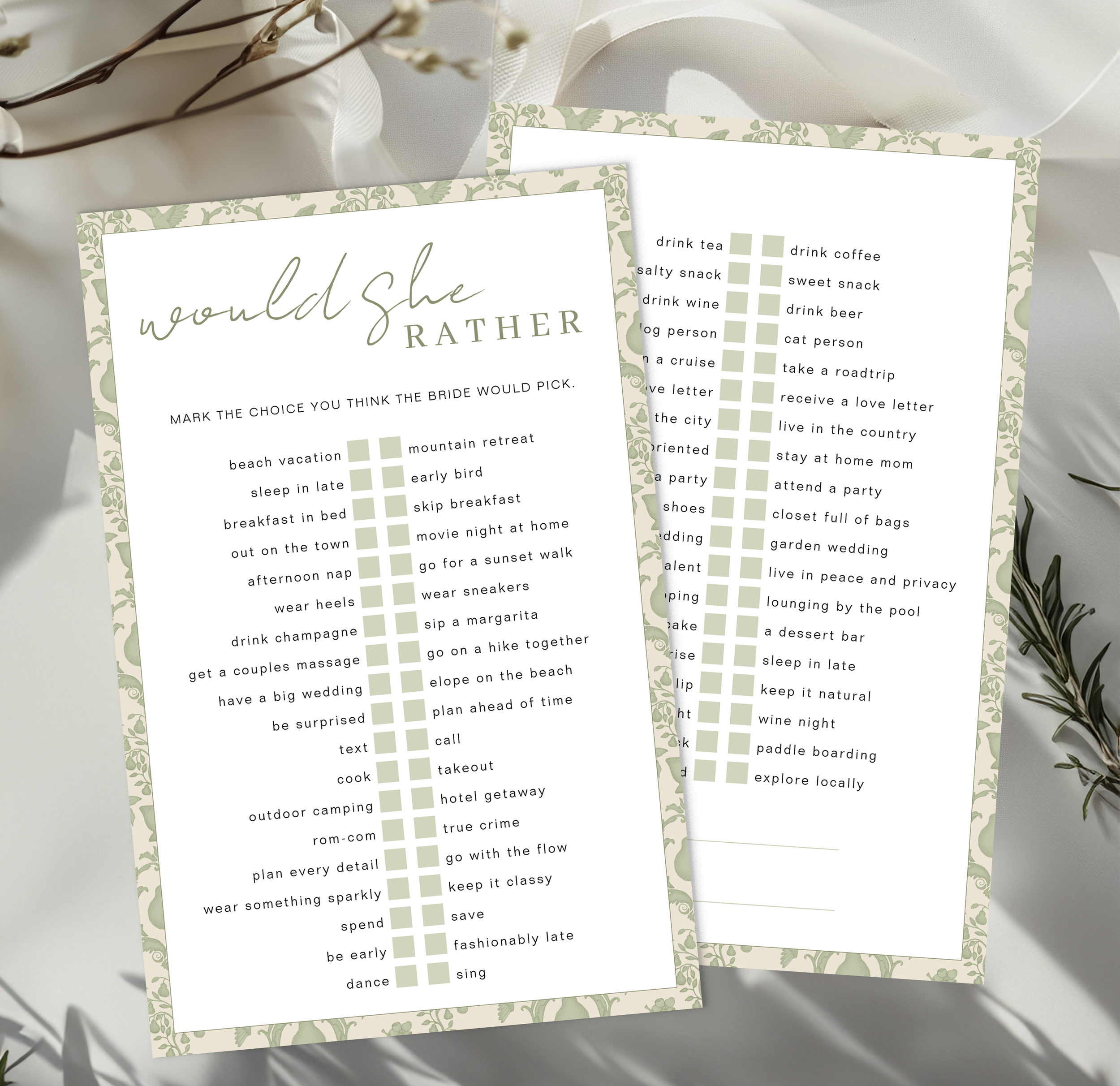 Would she rather bridal shower game card in sage green perfect pear theme