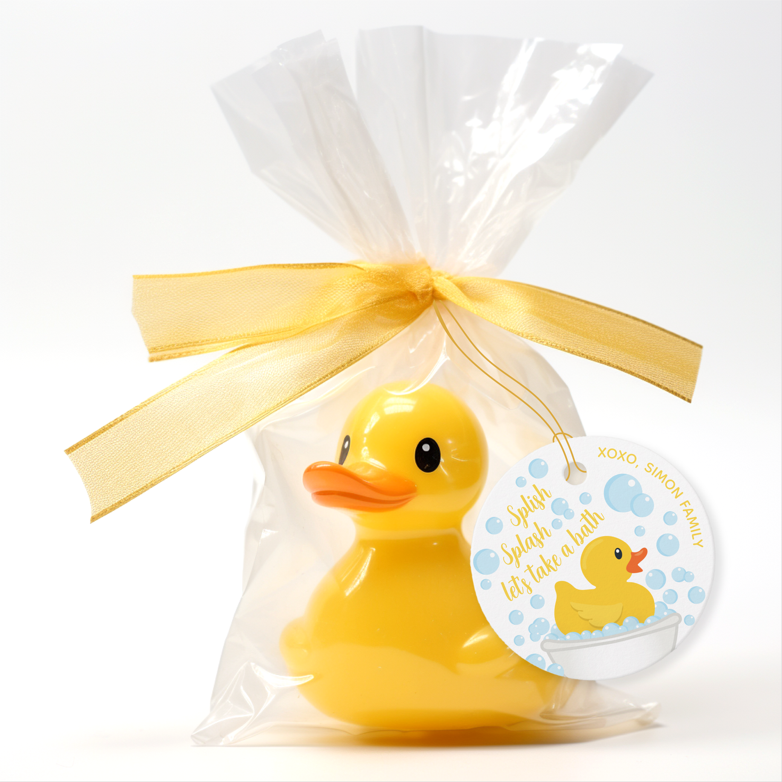 Personalized duck favor tags for baby’s first birthday celebration