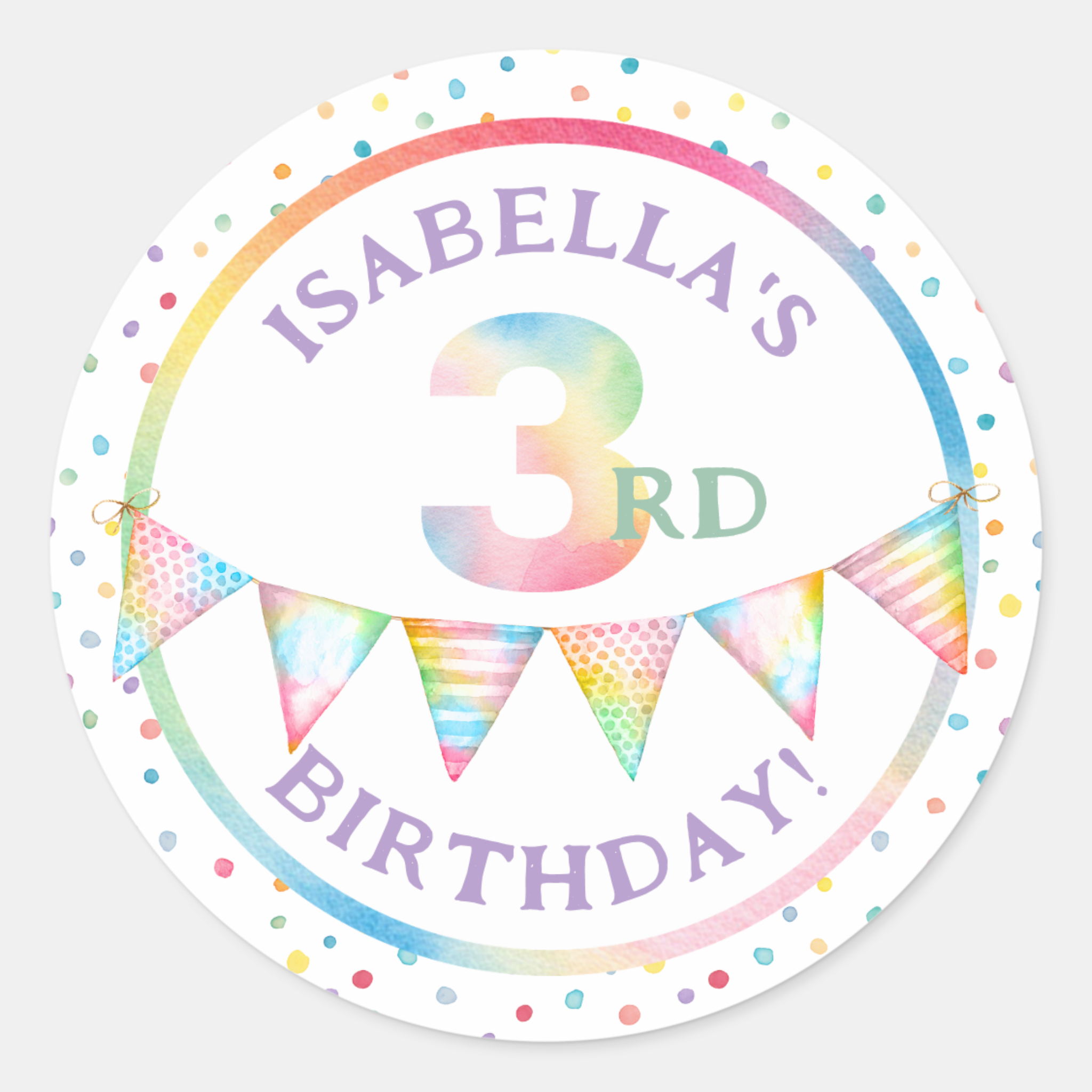 Pastel confetti 3rd birthday favor sticker with rainbow number and personalized name.