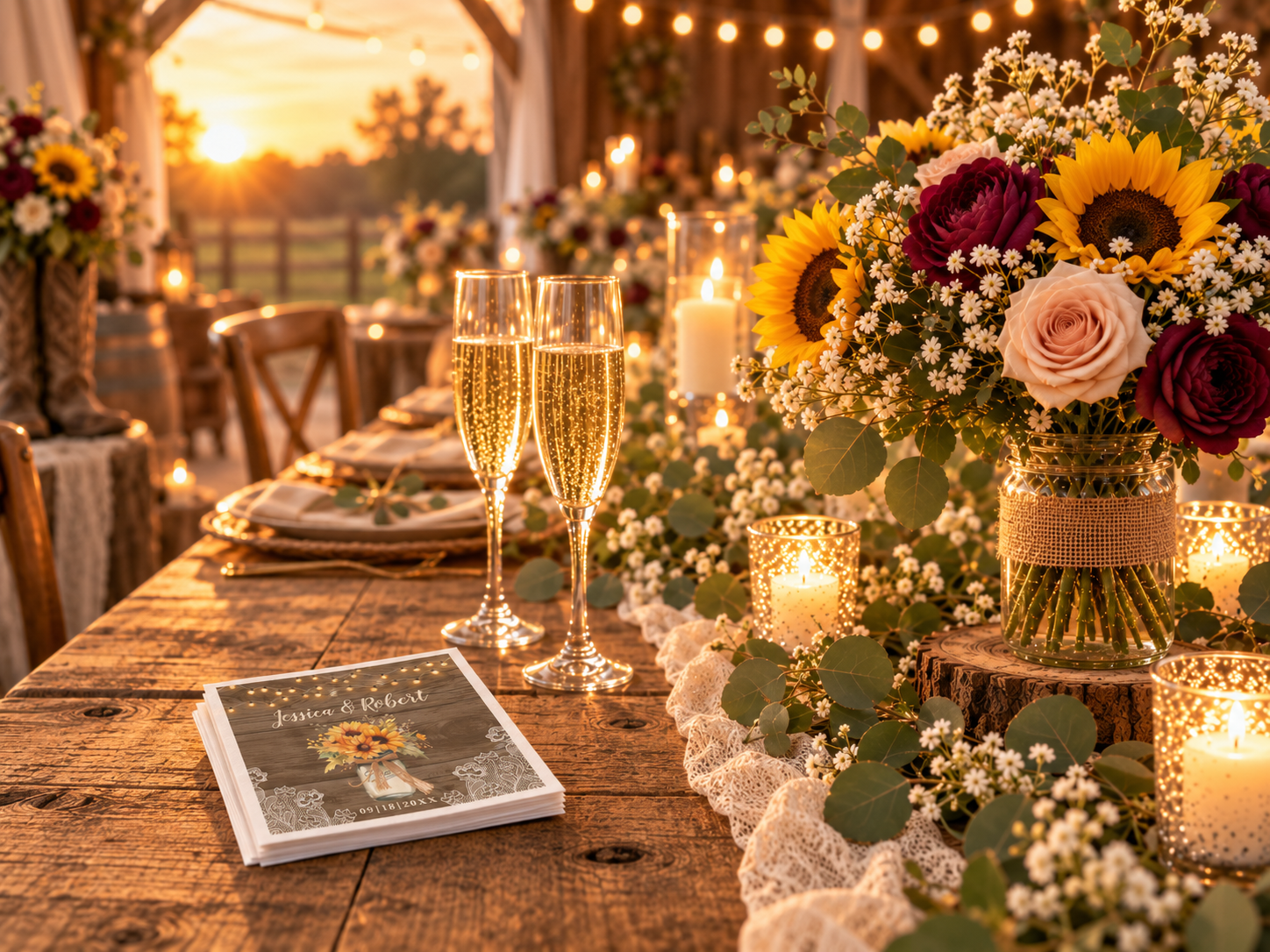 Rustic sunflower barn wedding table at golden hour with string lights, champagne glasses, candlelight, burgundy and blush flowers, greenery, and personalized wedding napkins.