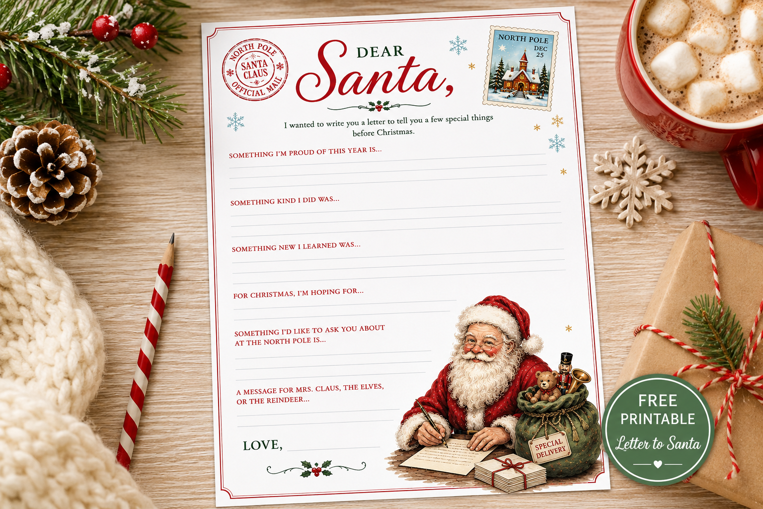 Free printable Dear Santa letter with guided writing prompts, vintage Santa illustration, and North Pole details.