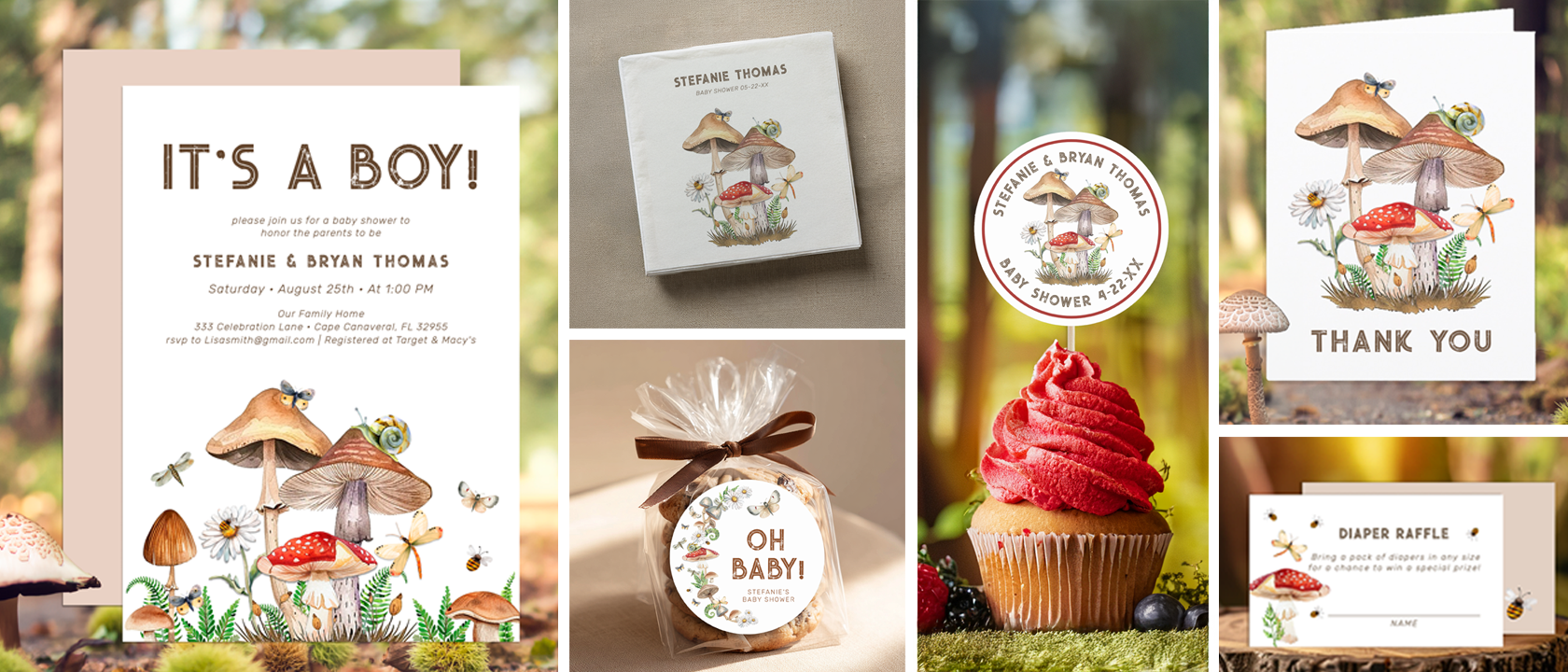 Woodland baby shower theme featuring a whimsical mushroom invitation, woodland cupcake topper, diaper raffle card, favor cookie bag tag, and nature-inspired stationery with forest details.