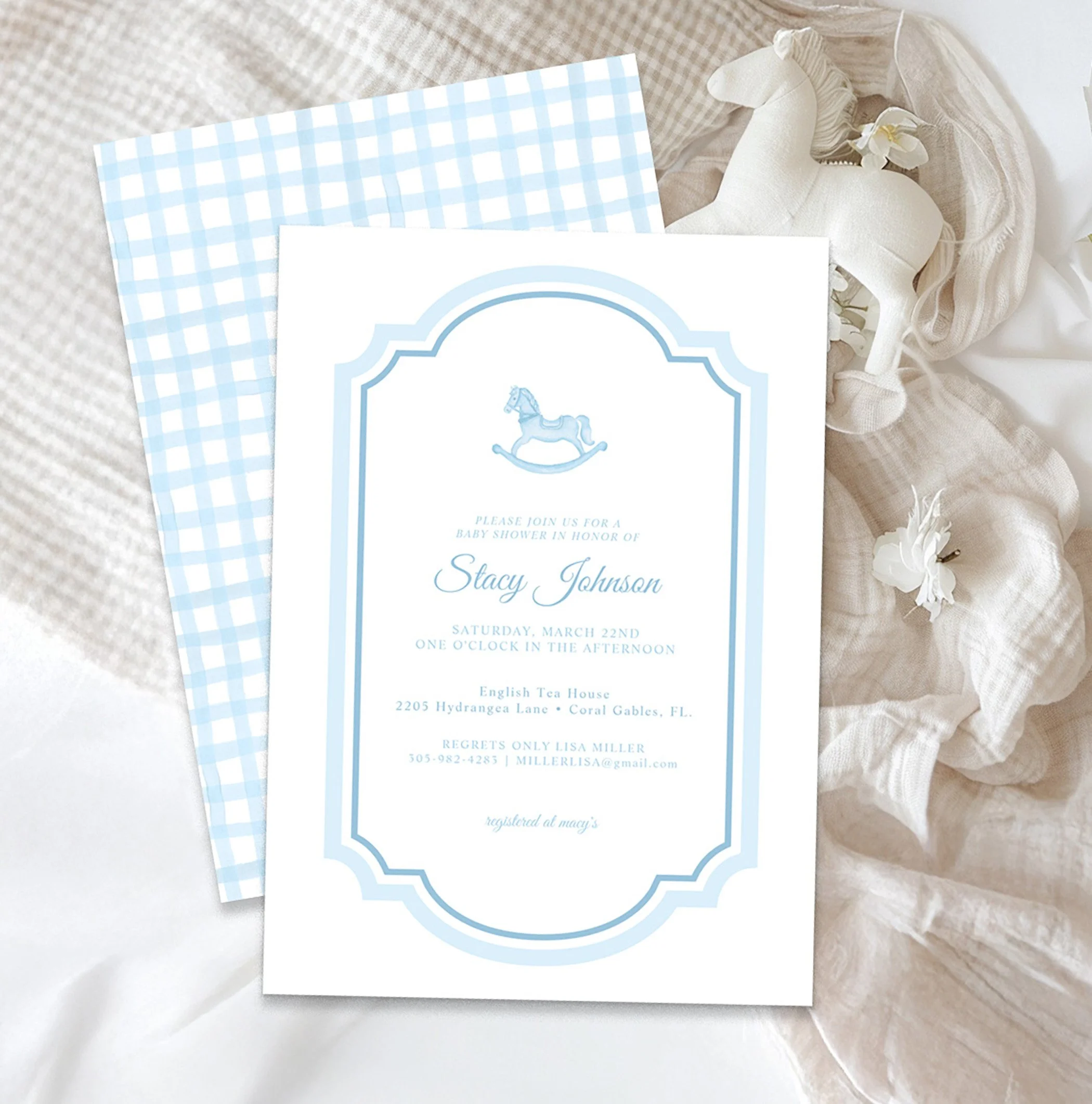 blue rocking horse baby shower invitation vintage baby shower invitation classic nursery theme