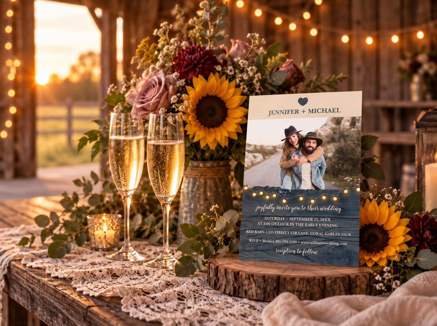 Rustic wedding invitation with a couple’s photo, navy barn wood background, and string lights, displayed in a warm golden-hour flat lay with soft florals and a romantic country wedding feel.