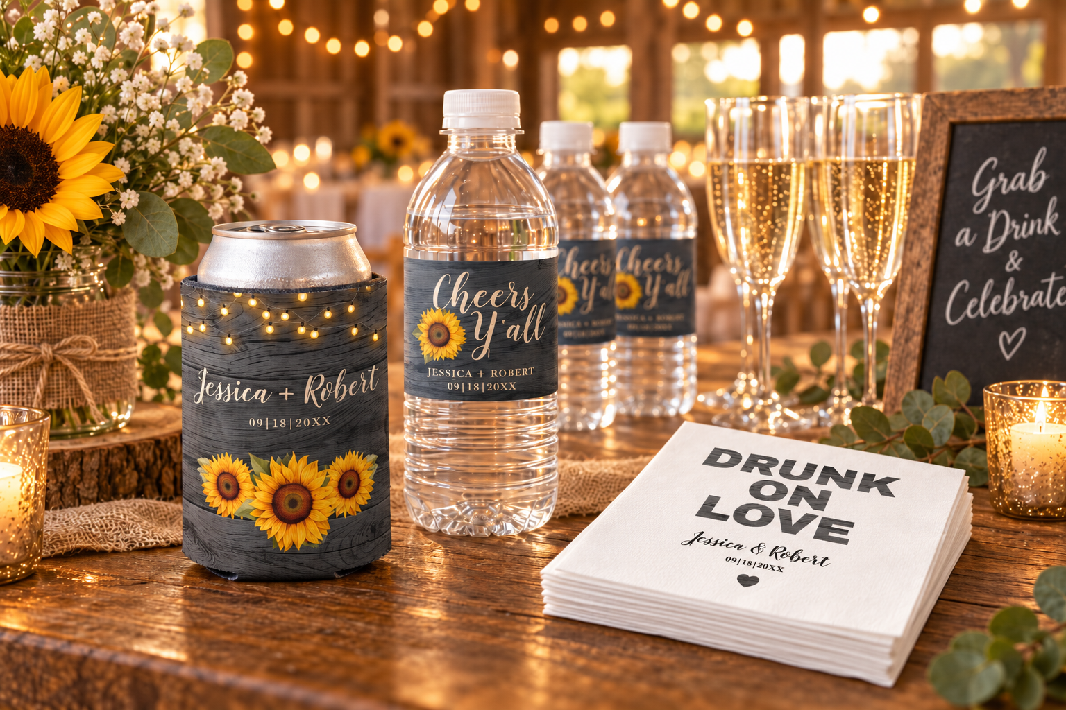 Rustic sunflower wedding drink station with personalized can cooler, water bottle labels, Drunk on Love cocktail napkins, champagne glasses, sunflowers, greenery, and warm string lights.