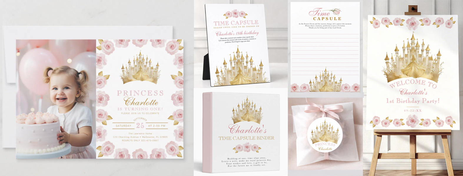 Little Princess first birthday party collection featuring a personalized fairytale castle invitation, welcome sign, Time Capsule cards, keepsake binder, and favor sticker with blush roses and gold watercolor castle artwork.