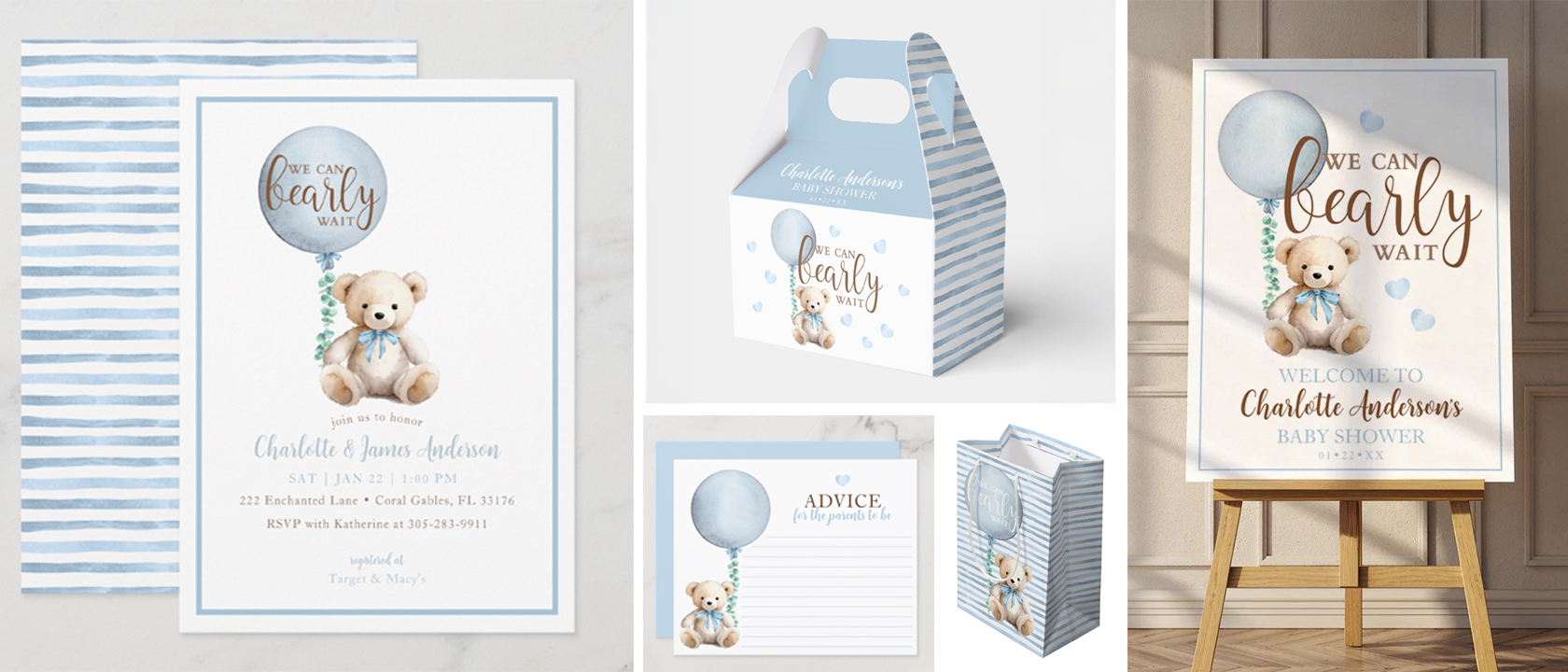 Teddy bear baby shower theme featuring a soft blue invitation with a watercolor teddy bear and balloon, matching welcome sign, advice card, and striped favor box.