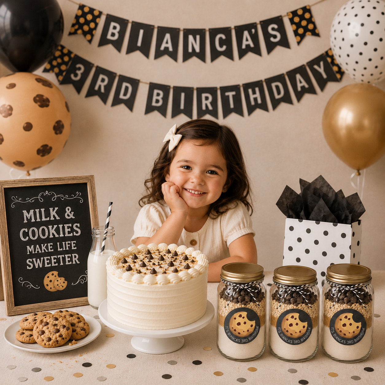 Little girl smiling at a milk and cookies themed birthday party table with cookie balloons, chalkboard banner, layered cake, milk bottles, cookies, and three personalized cookie mix jar party favors in a warm neutral celebration setting.
