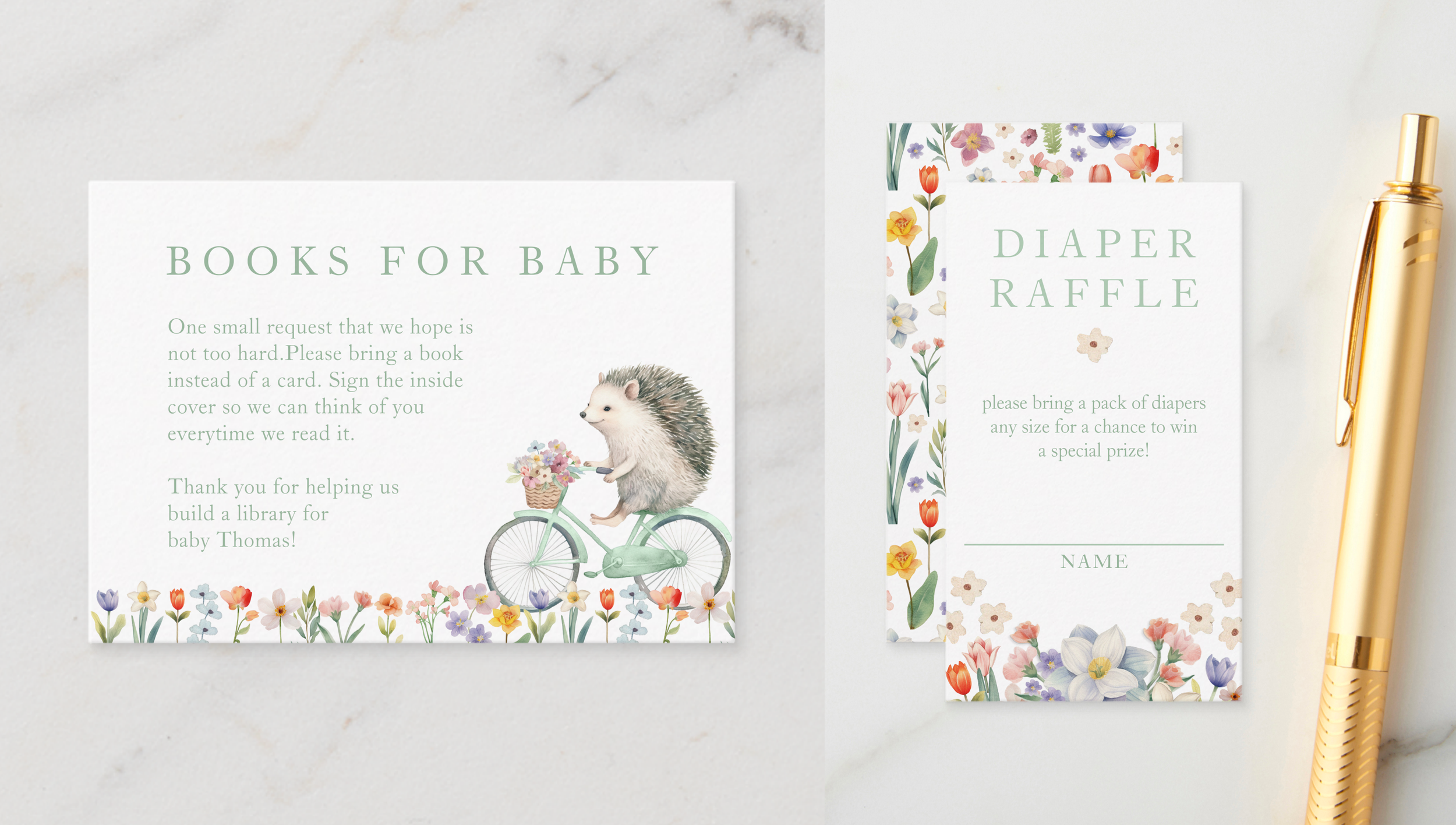 coordinating baby shower insert cards including diaper raffle and books for baby in floral hedgehog theme