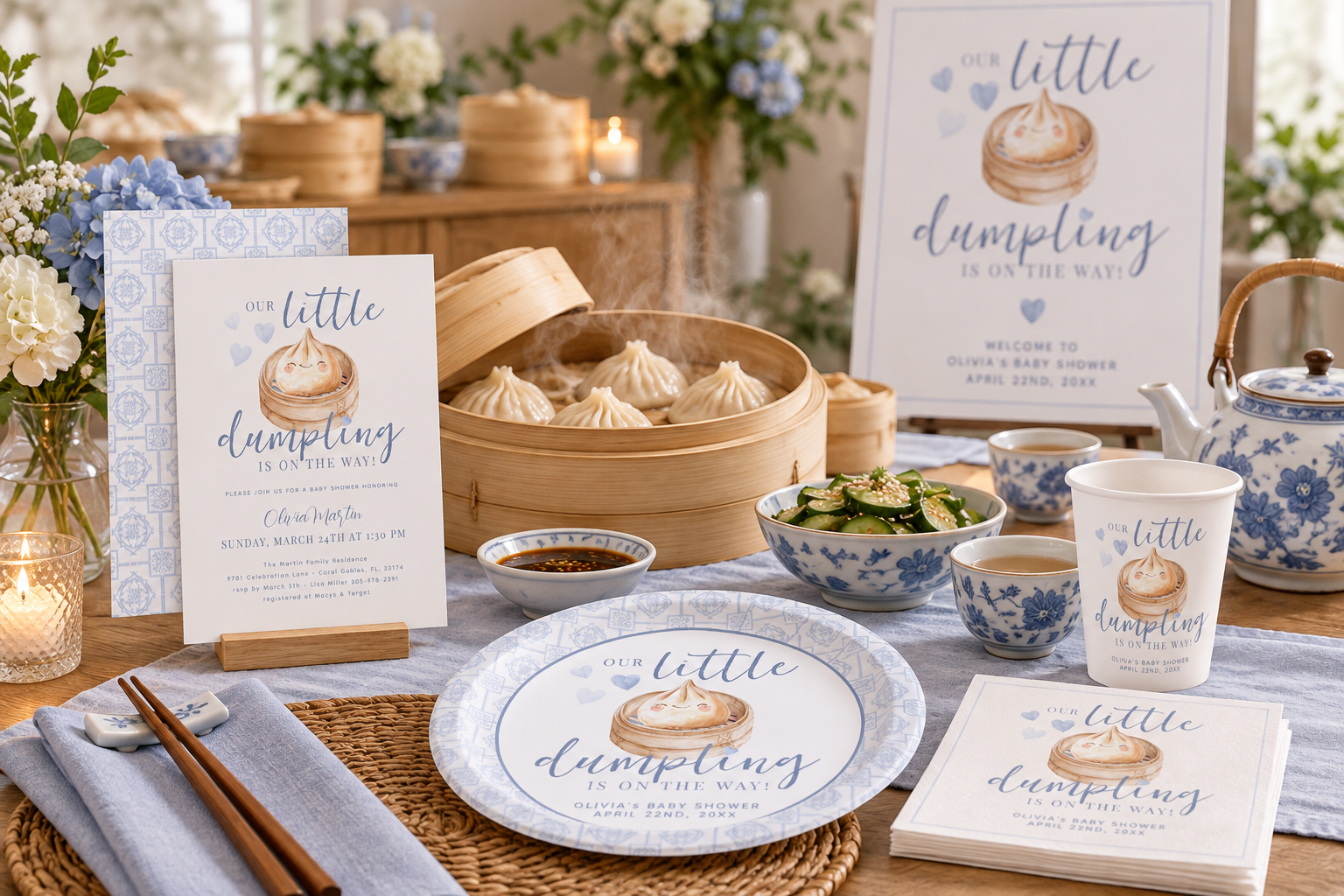 Little Dumpling baby shower table with steaming bamboo baskets, blue-and-white tea service, matching invitation, welcome sign, paper plate, cup, napkins, and cucumber salad.