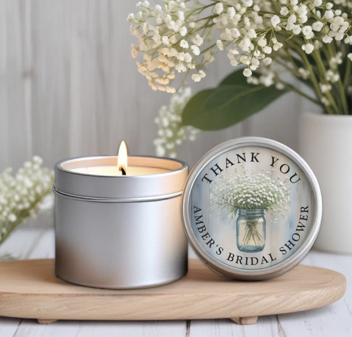 Rustic mason jar baby’s breath thank you candle favor