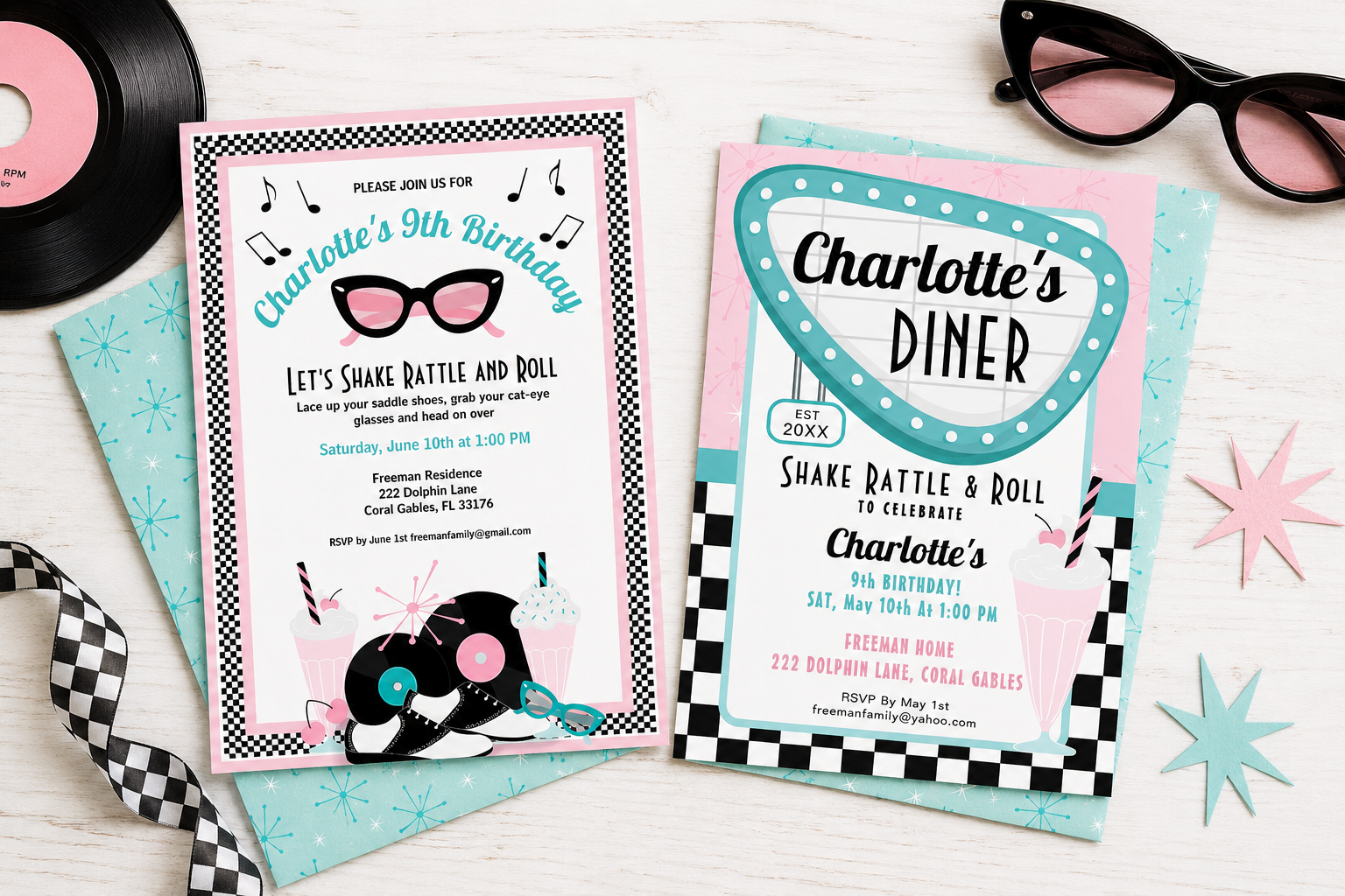 Two pink and turquoise 1950s sock hop birthday invitations with checkerboard borders, diner signs, records, and cat-eye glasses.