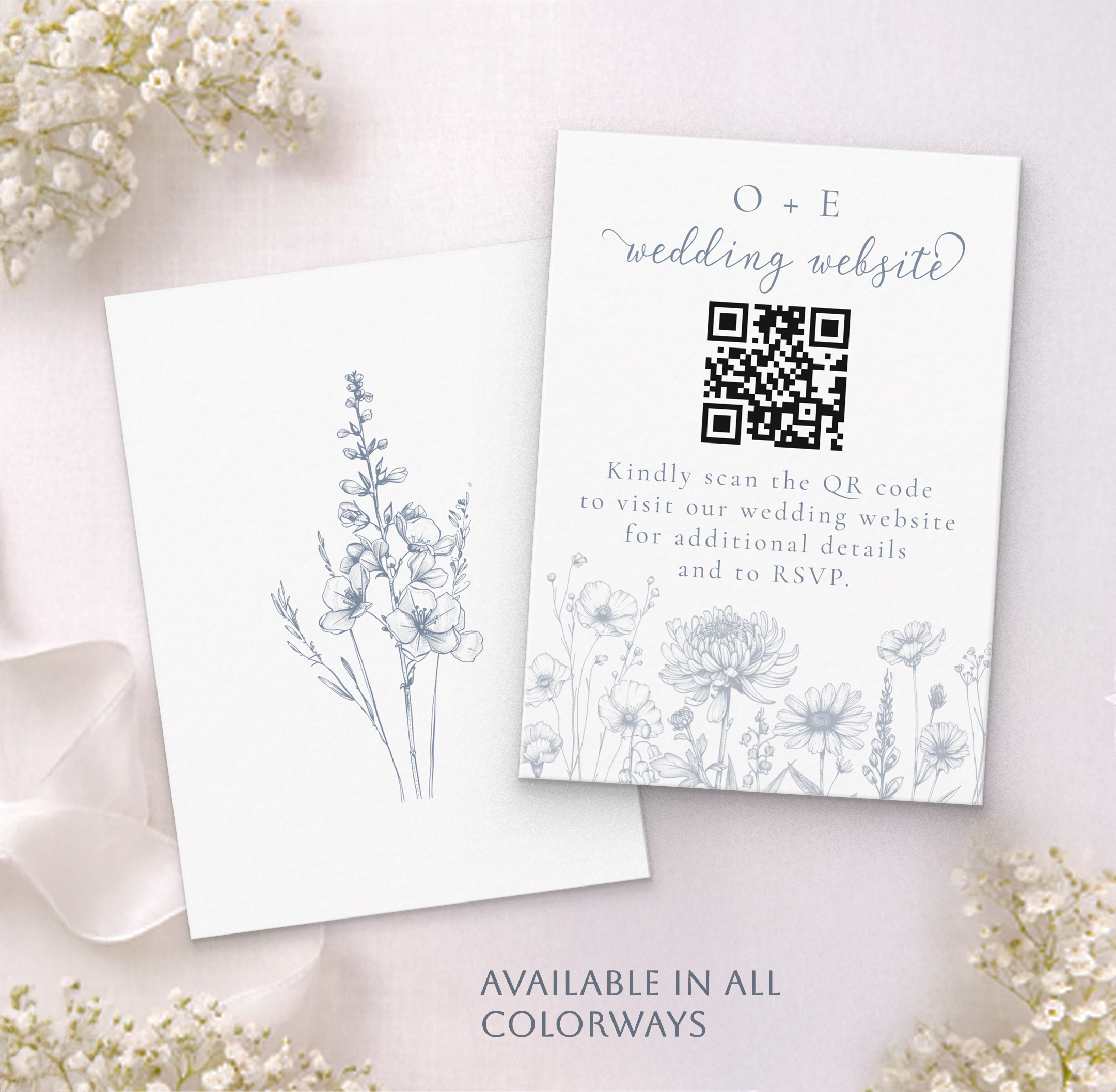 Botanical wedding website card with QR code and minimal floral design shown with matching envelope, available in coordinated colorways