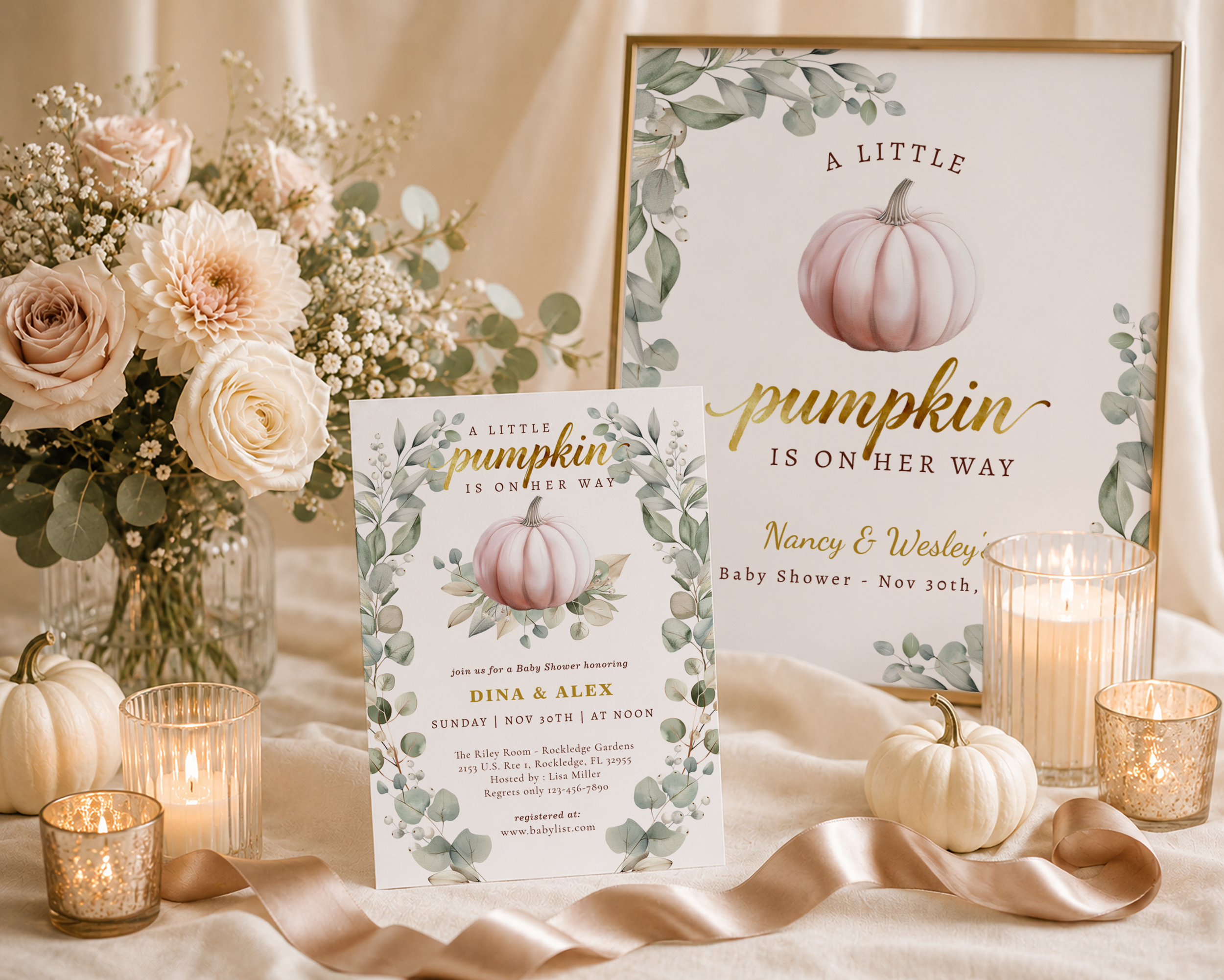 Elegant Little Pumpkin baby shower welcome sign and matching invitation styled with blush florals, glowing candles, champagne satin ribbon, eucalyptus greenery, and soft neutral autumn decor on a warm cream fabric backdrop.