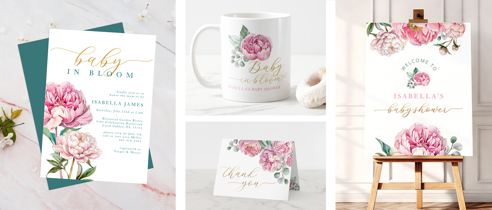Baby in Bloom baby shower stationery collection featuring a floral invitation, welcome sign on an easel, thank you card, and matching mug with pink peony flowers and elegant gold script.