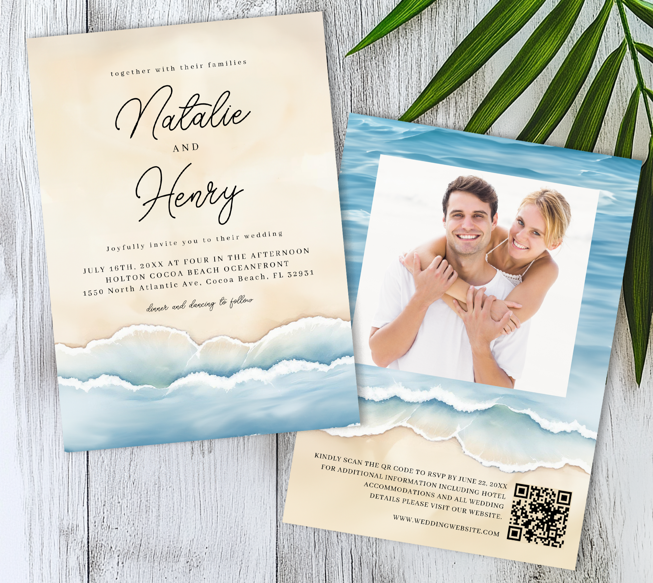 Beach wedding photo invitation with watercolor shoreline and engagement picture