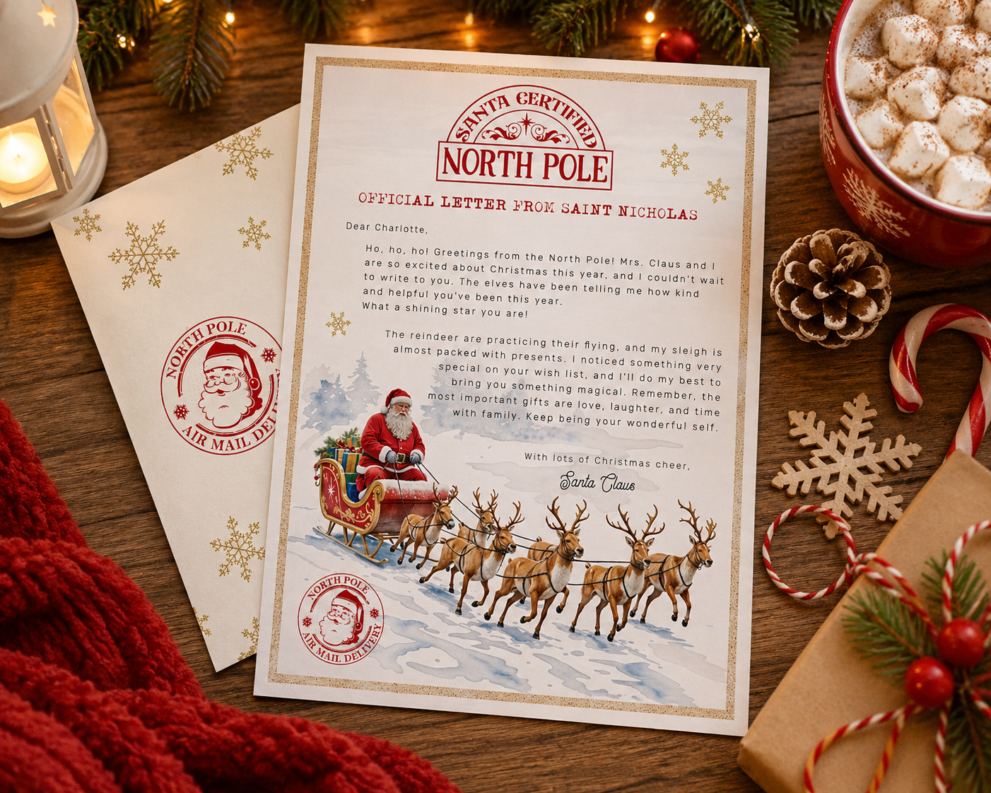 Personalized North Pole letter from Santa with sleigh and reindeer, displayed with a coordinating gold snowflake envelope and Christmas details.