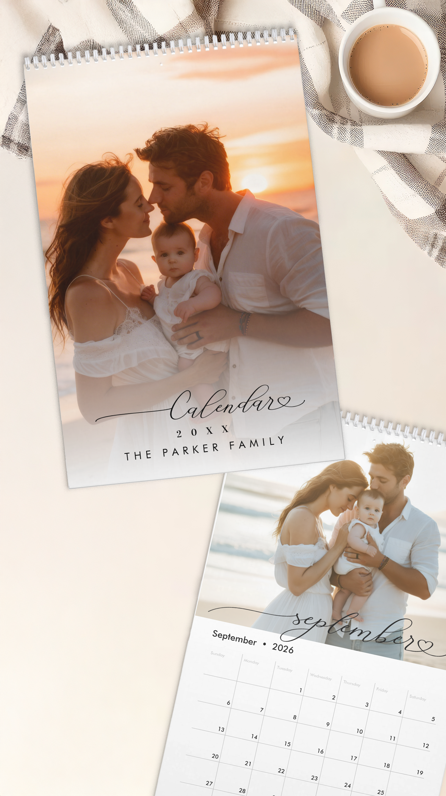 personalized beach family photo calendar with minimal script typography styled with coffee and neutral linens