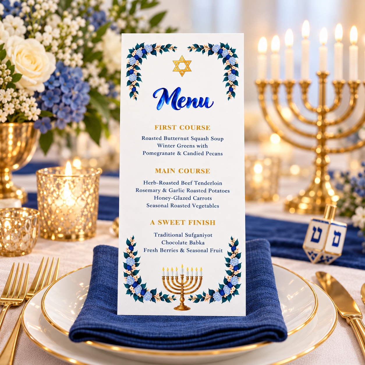 Elegant Hanukkah dinner menu card with blue floral corner borders, a gold Star of David, blue “Menu” script, and a gold menorah at the bottom, displayed in a holiday table setting.
