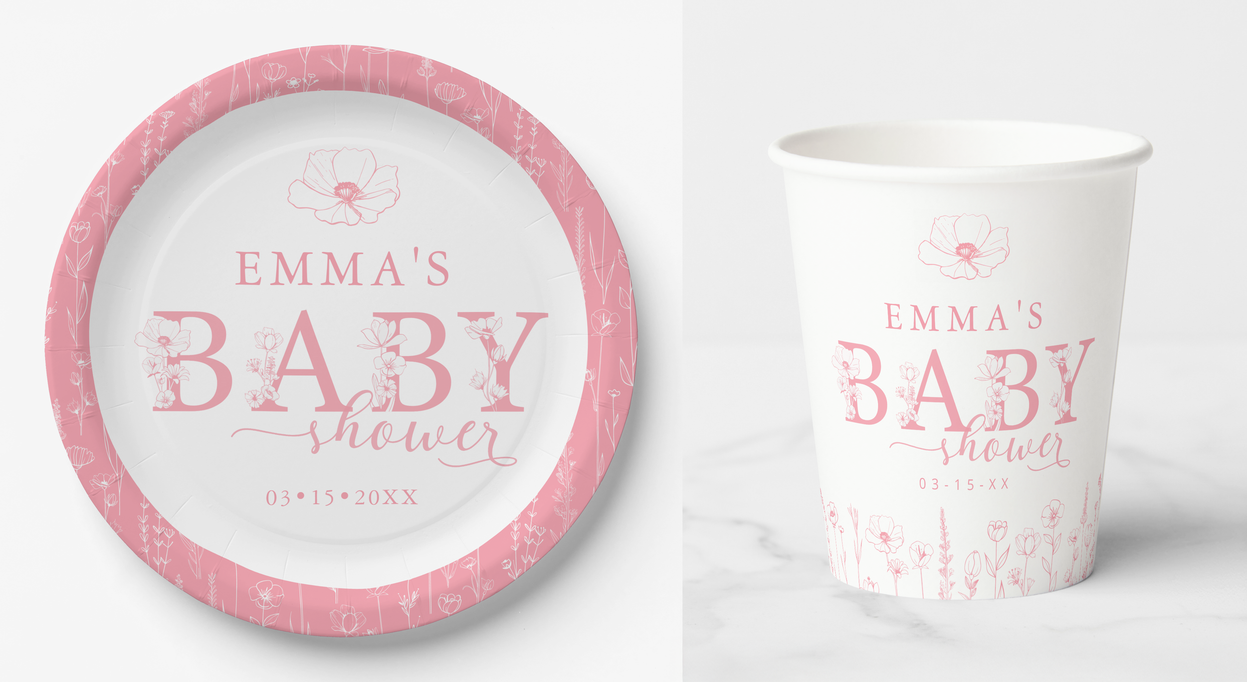 Dusty pink baby shower table with floral runner, plates, and cups in a cohesive wildflower design