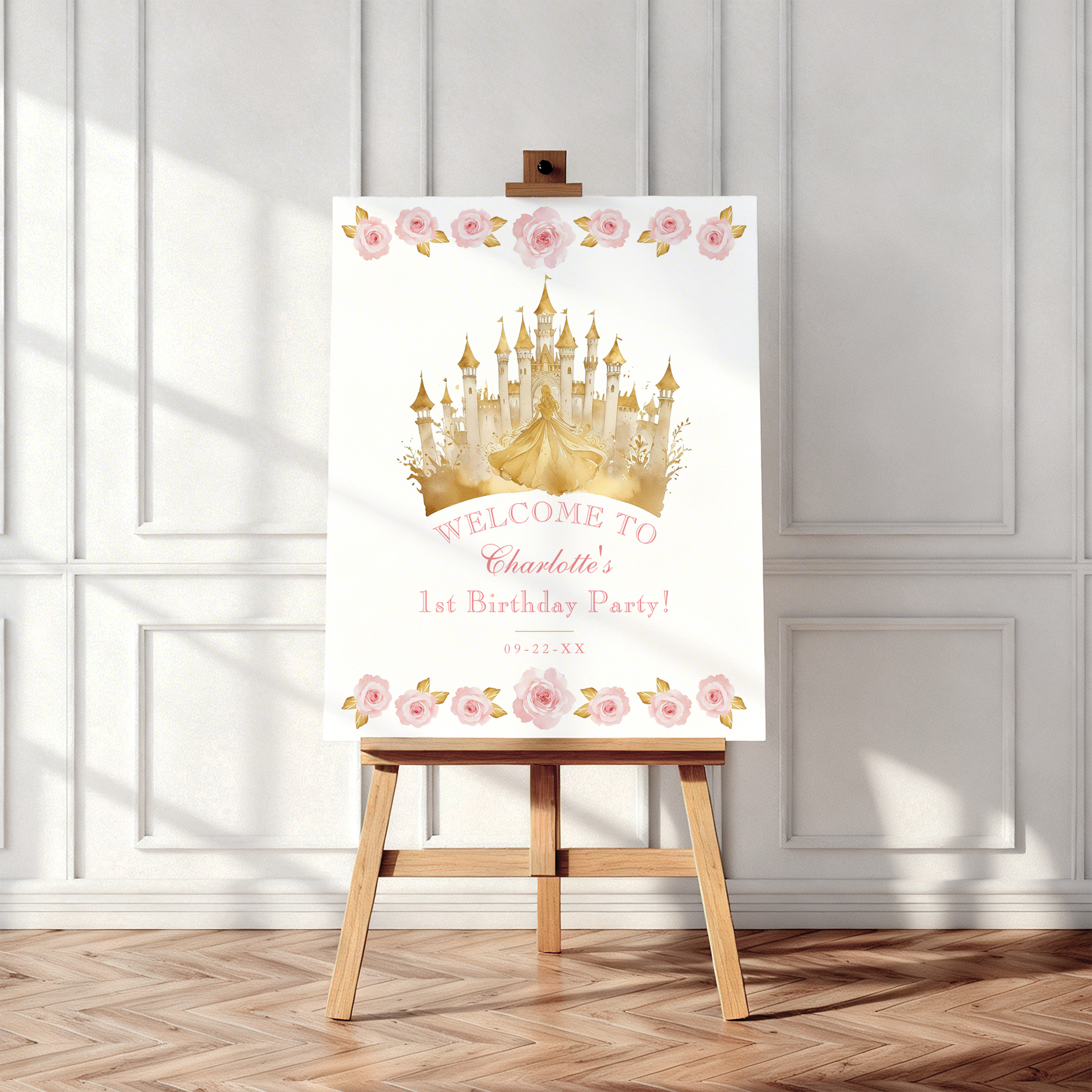 Pink and gold princess birthday welcome sign with floral border and castle illustration