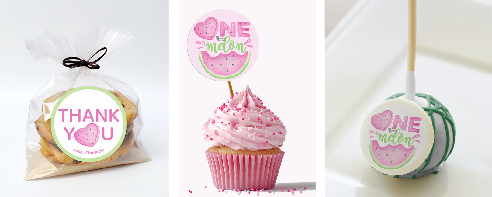 One in a Melon first birthday dessert table ideas with watermelon themed cupcake topper, cake pop, and thank you cookie favor in pink and green