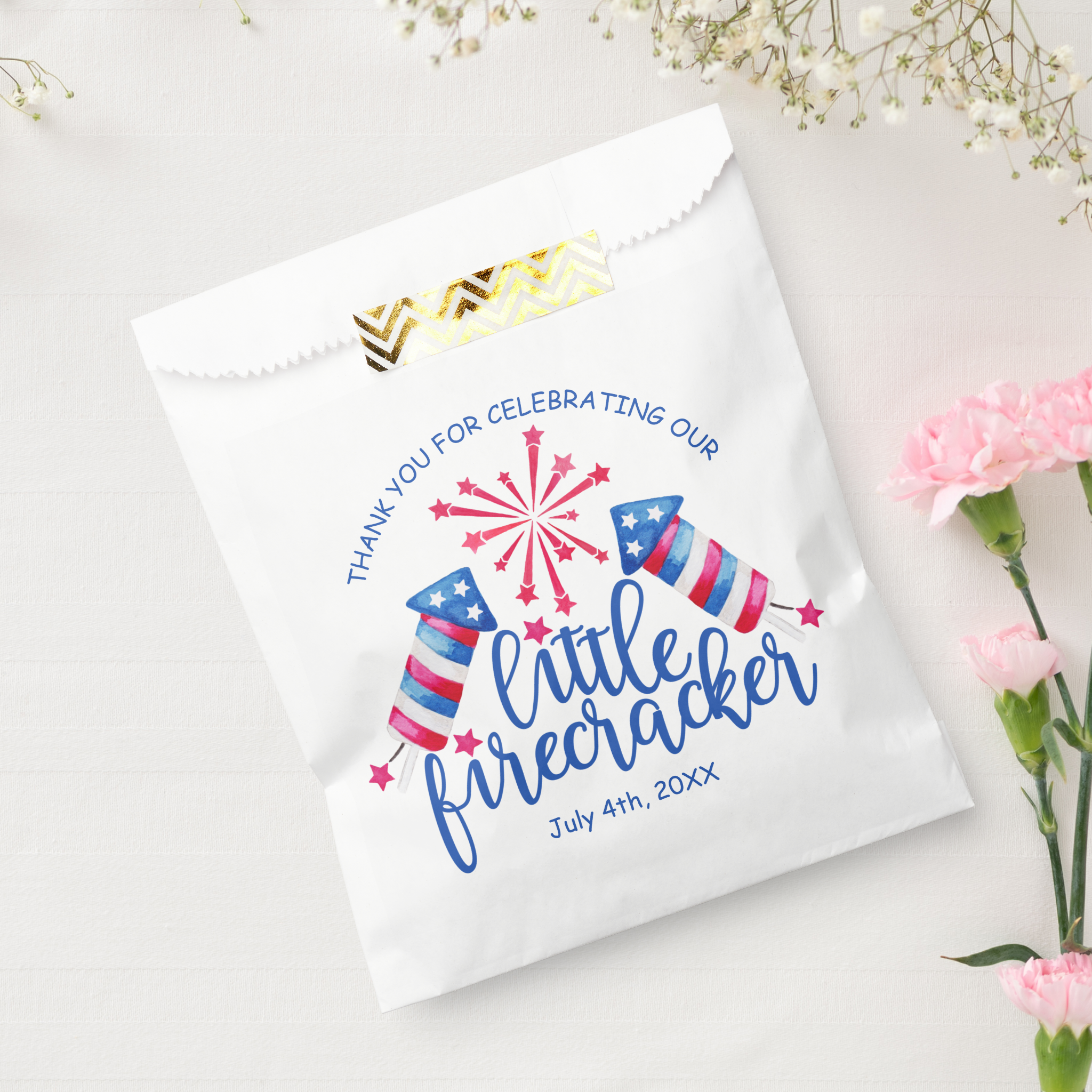 little firecracker birthday favor bag red white blue fireworks theme