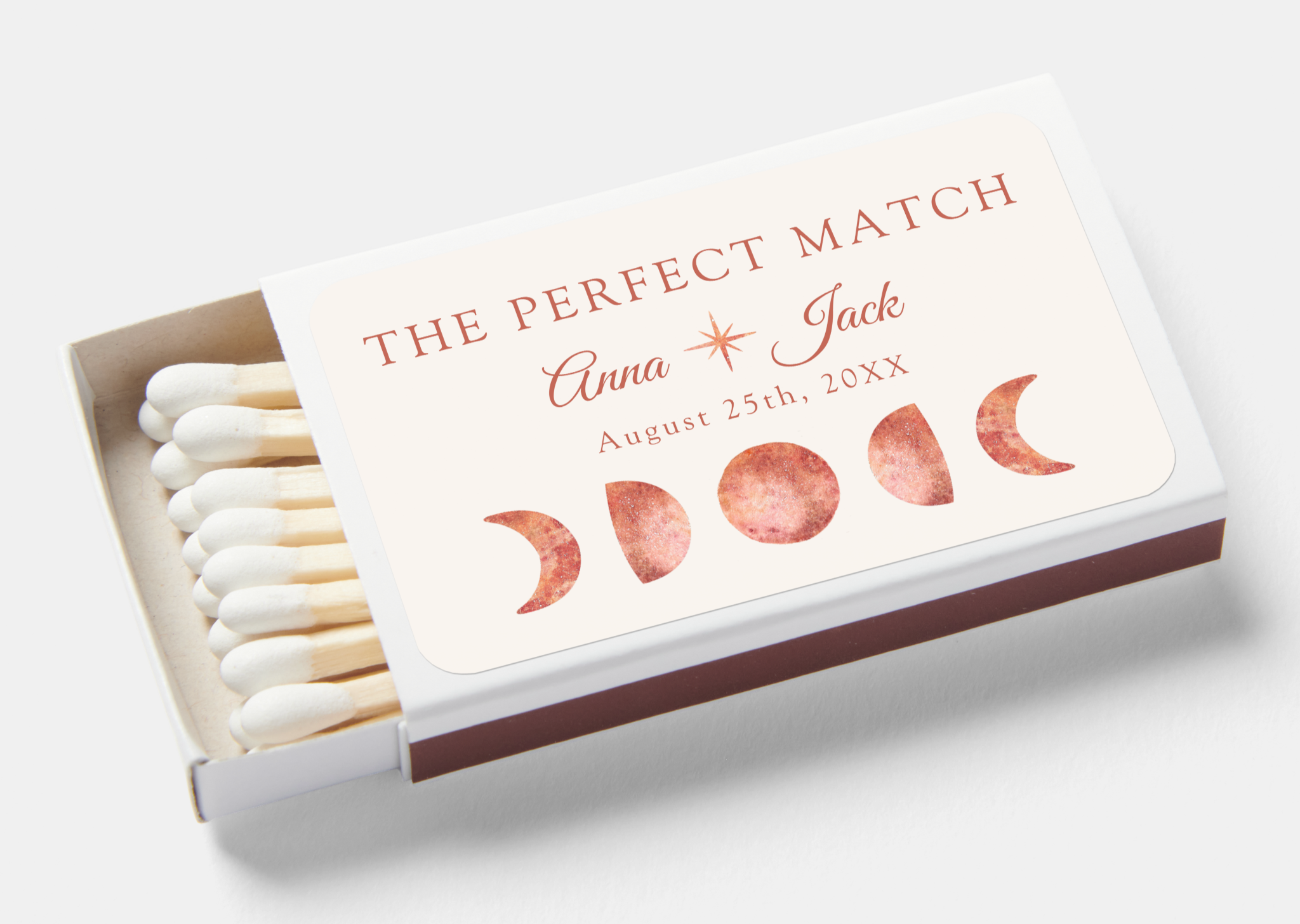 Terracotta moon phase wedding matchbox favors with celestial design