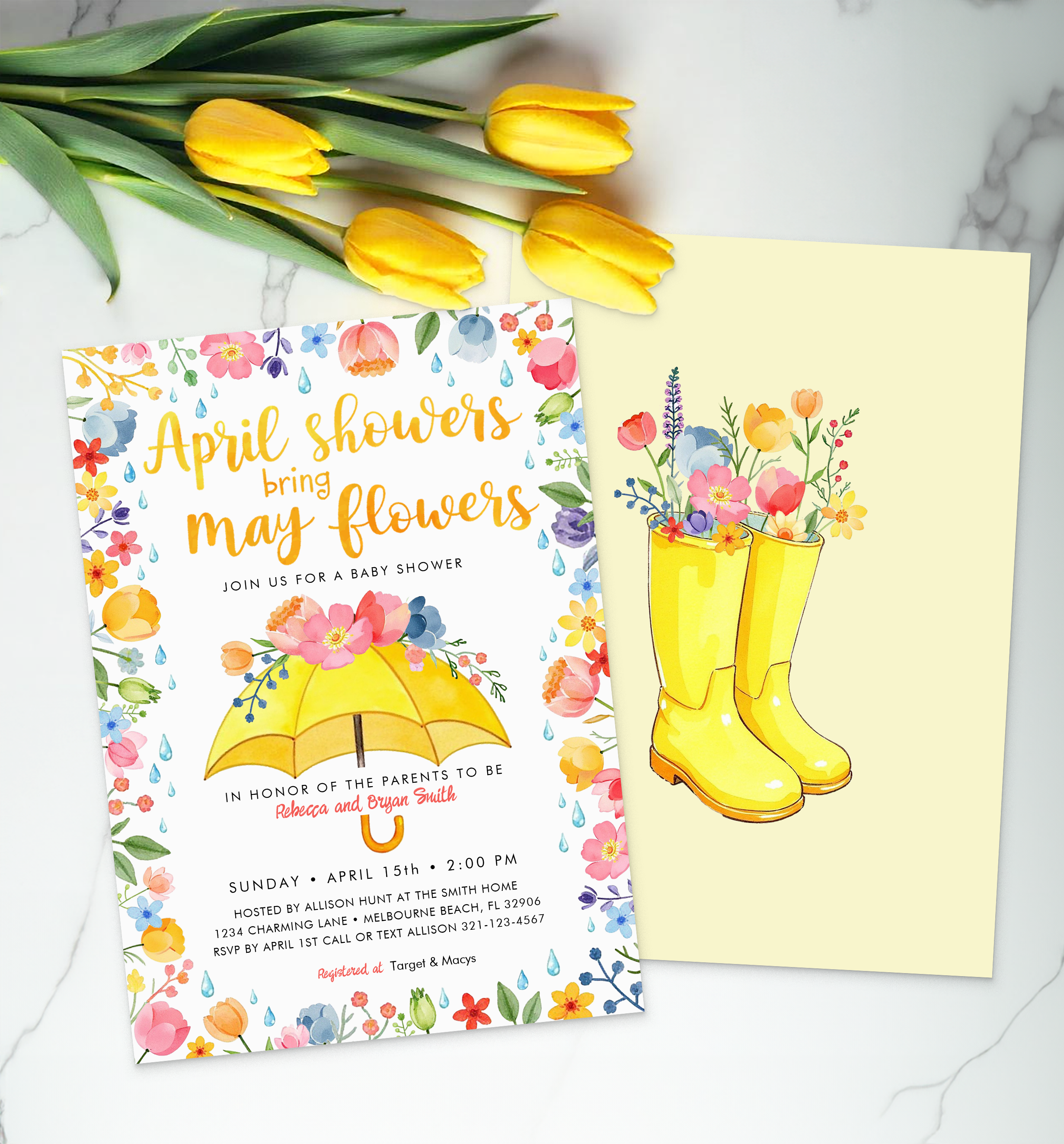 April Showers Bring May Flowers floral rain boots baby shower invitation