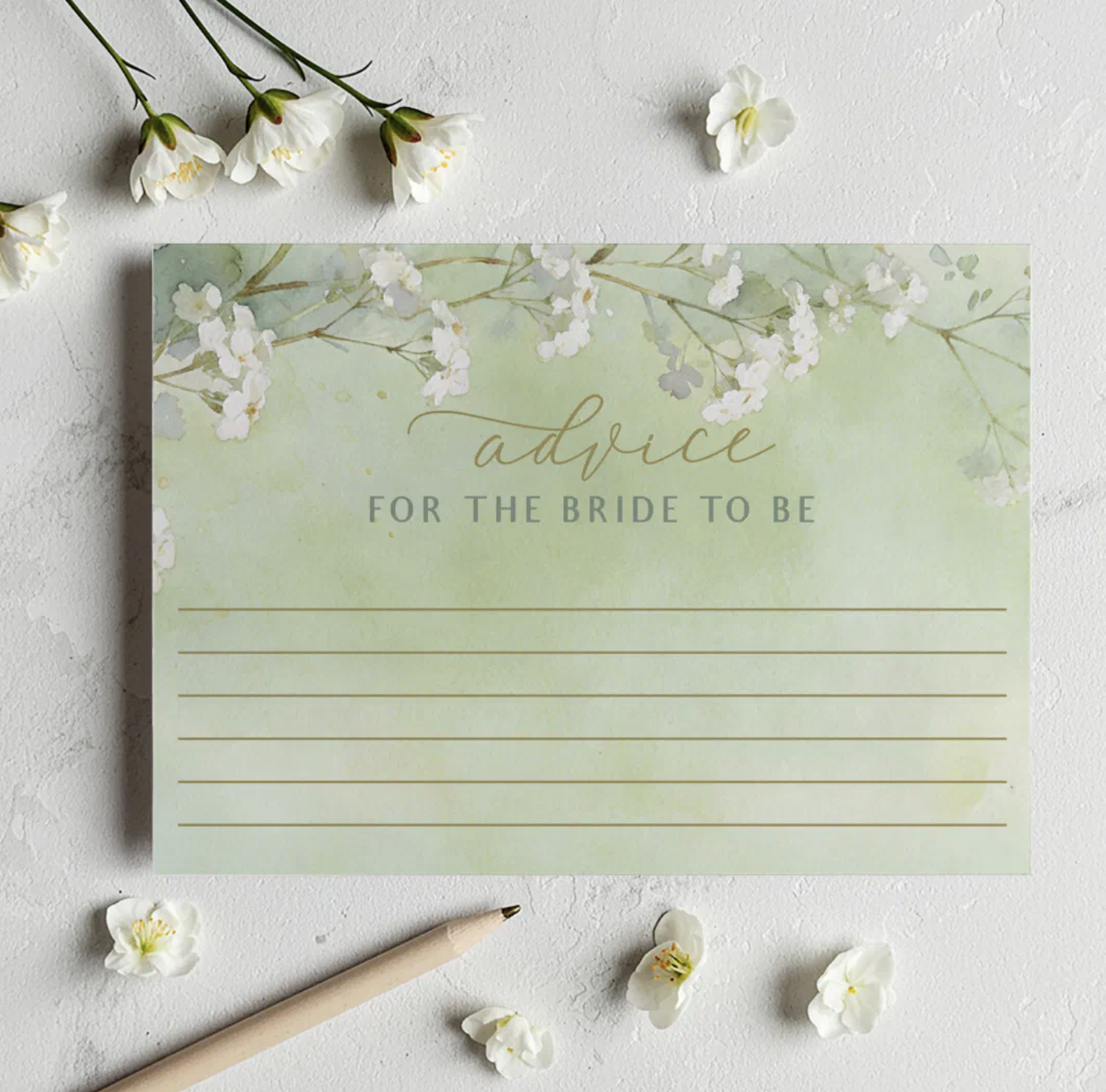 Elegant advice for the bride bridal shower card with soft sage green watercolor background, delicate white floral accents, lined writing space, and pencil on a white textured surface. Printable bridal shower keepsake activity for guests.