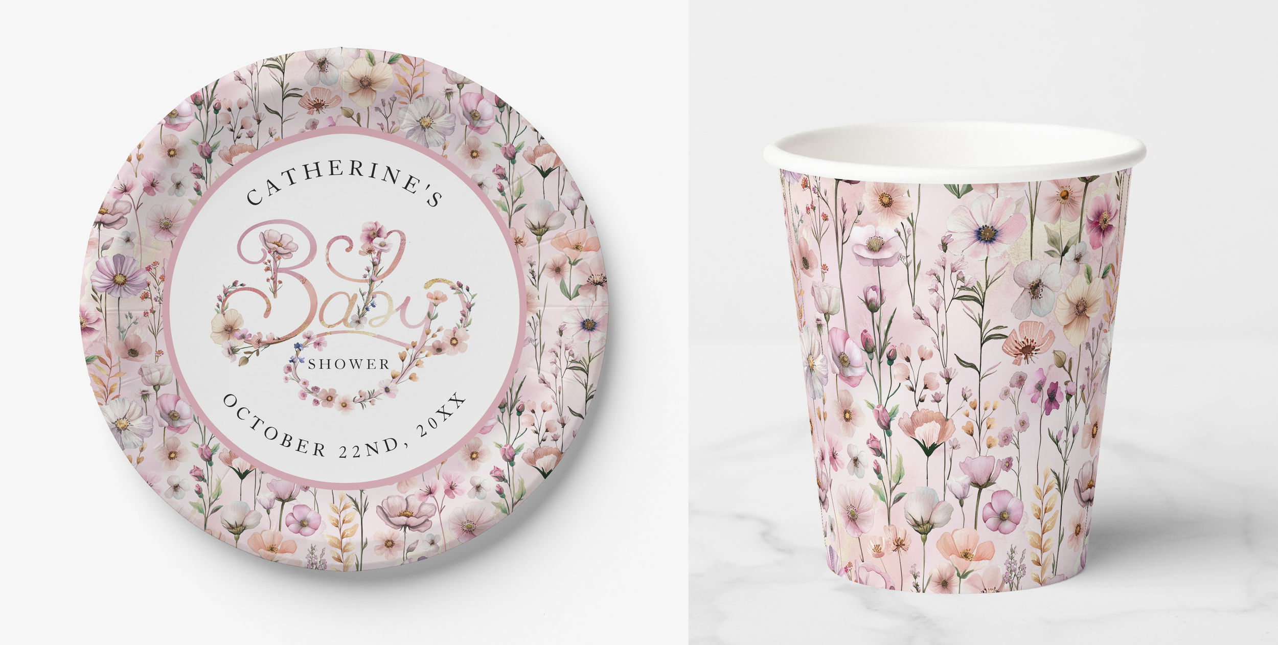 Dusty pink wildflower baby shower plates and cups with delicate watercolor florals.