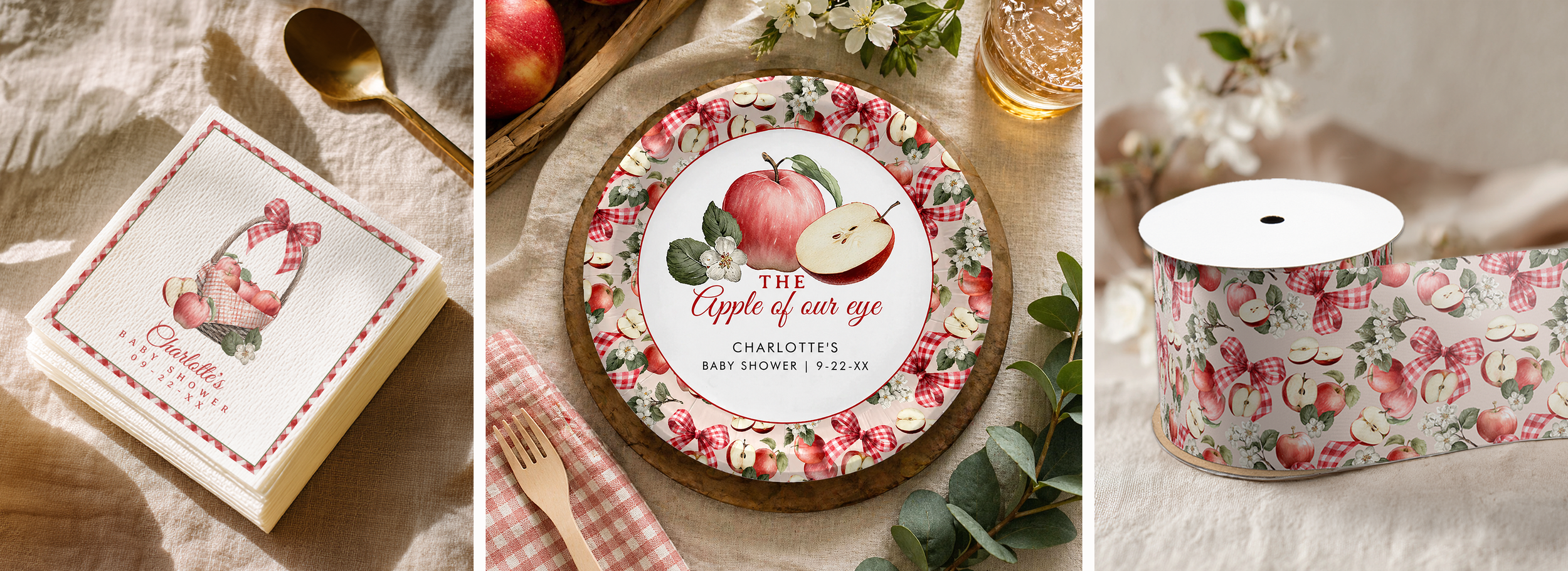 Apple of Our Eye baby shower tabletop styling featuring matching paper plates, personalized napkins, apple blossom ribbon, red gingham details, and rustic table décor.