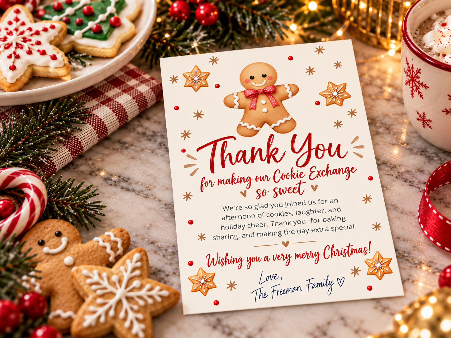 Gingerbread cookie exchange thank-you card lying flat on a festive holiday table, signed by hand “Love, The Freeman Family,” with Christmas cookies, greenery, berries, and warm lights.