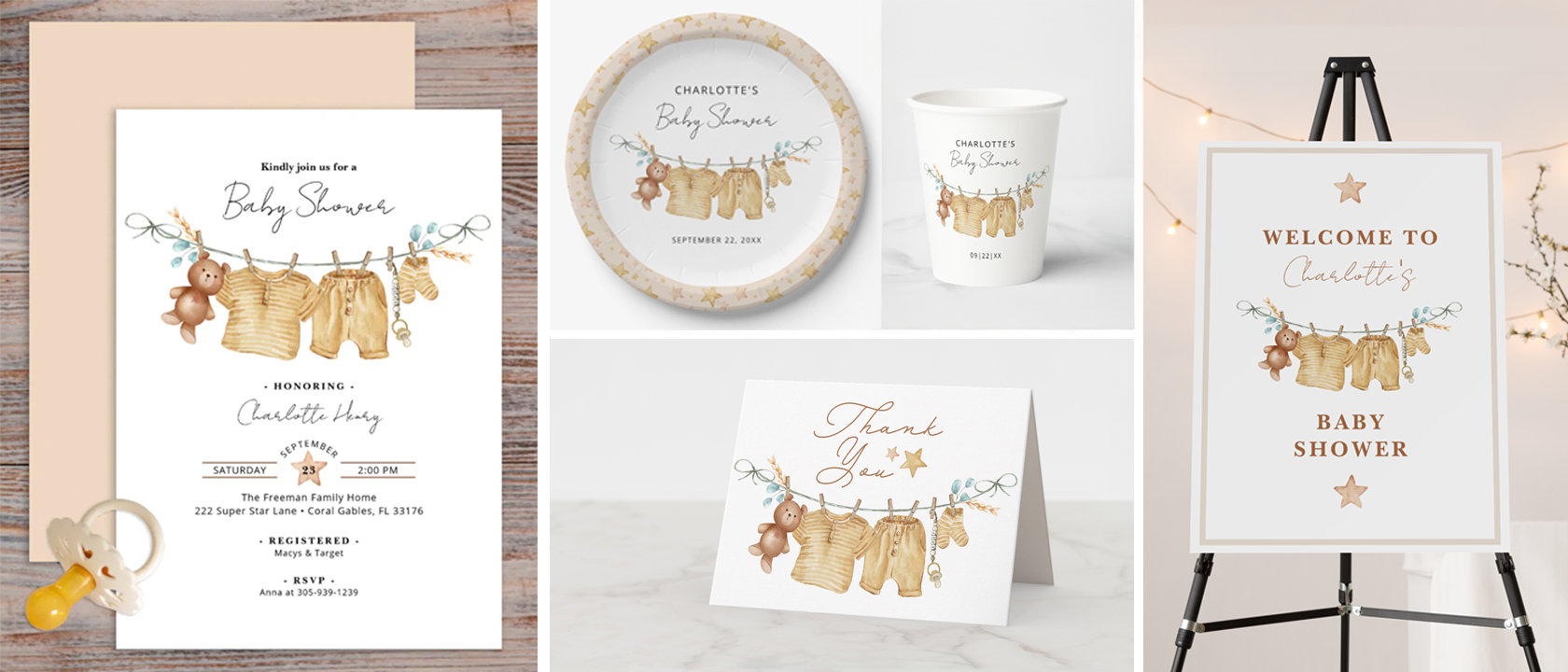 Clothesline baby shower theme featuring a baby clothesline invitation, matching thank-you card, welcome sign, and coordinating tableware with soft neutral baby clothing illustrations.