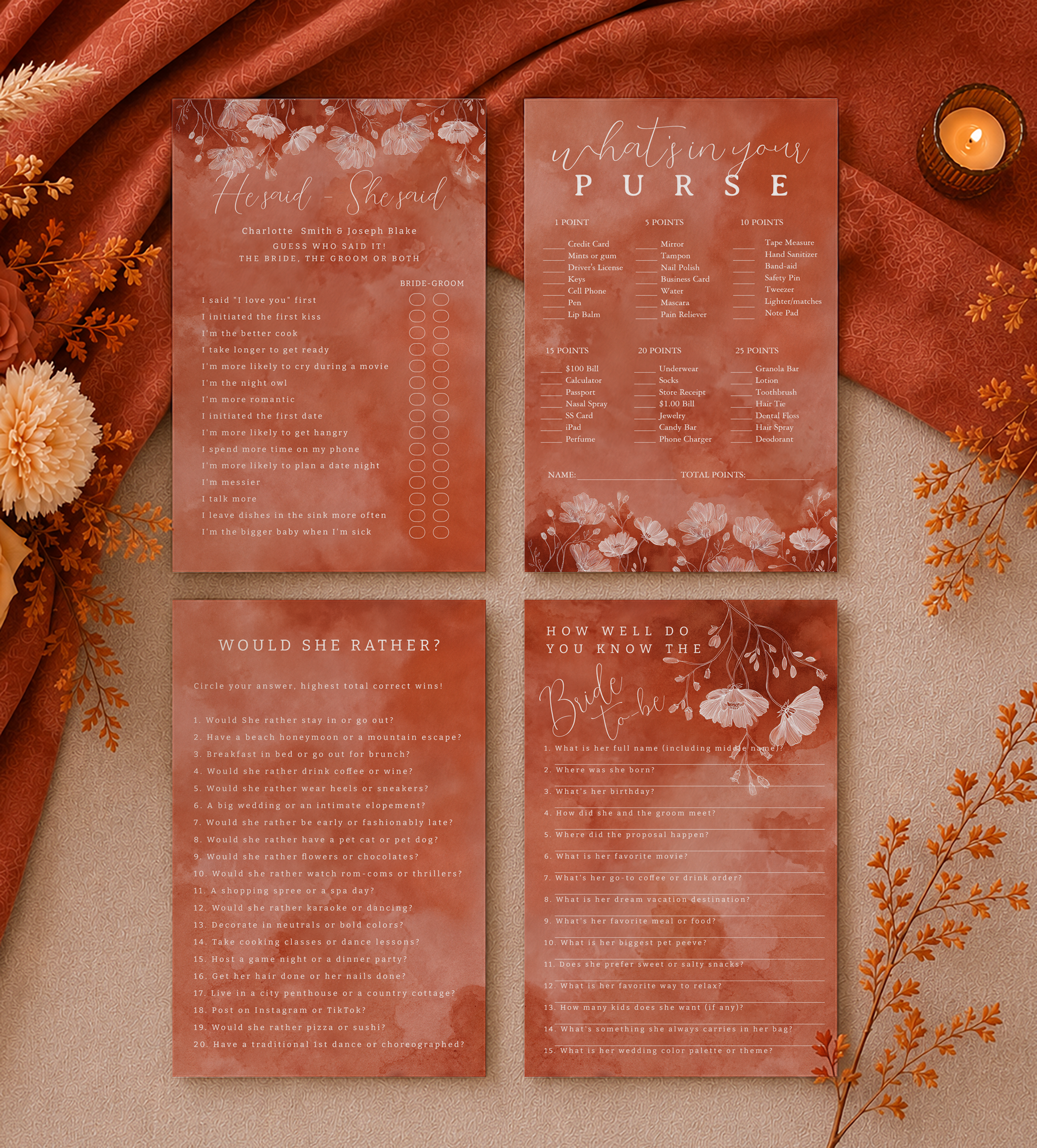 Top view of four terracotta bridal shower game cards including He Said She Said, What’s In Your Purse, Would She Rather, and Bride Trivia styled with autumn florals and candlelight.