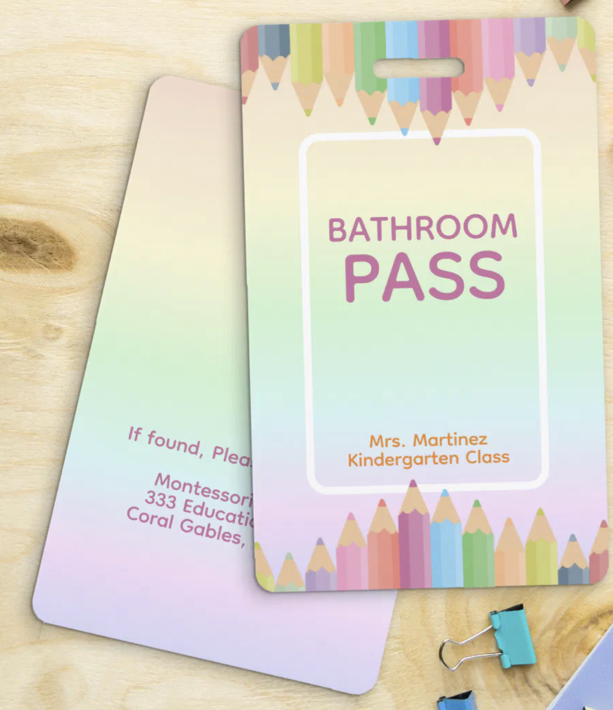 pastel rainbow bathroom pass badge for elementary classroom use