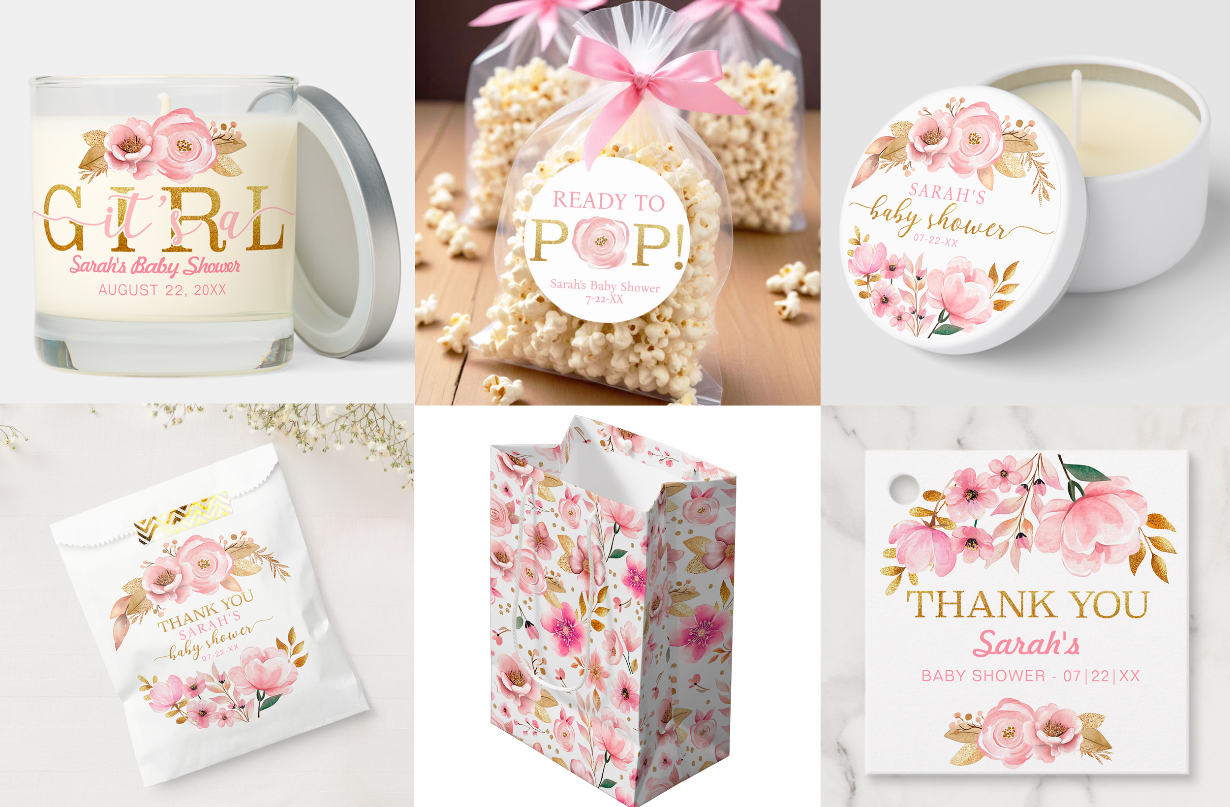 Blush pink floral baby shower favor ideas including candle favors, popcorn treat bags, gift bags and thank you tags