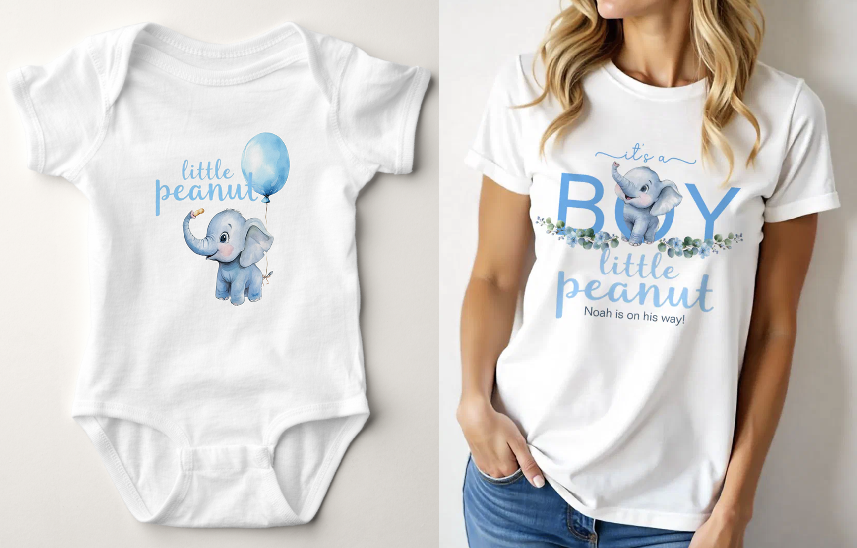 Blue elephant baby shower outfit ideas including baby bodysuit and matching mom shirt for baby boy shower
